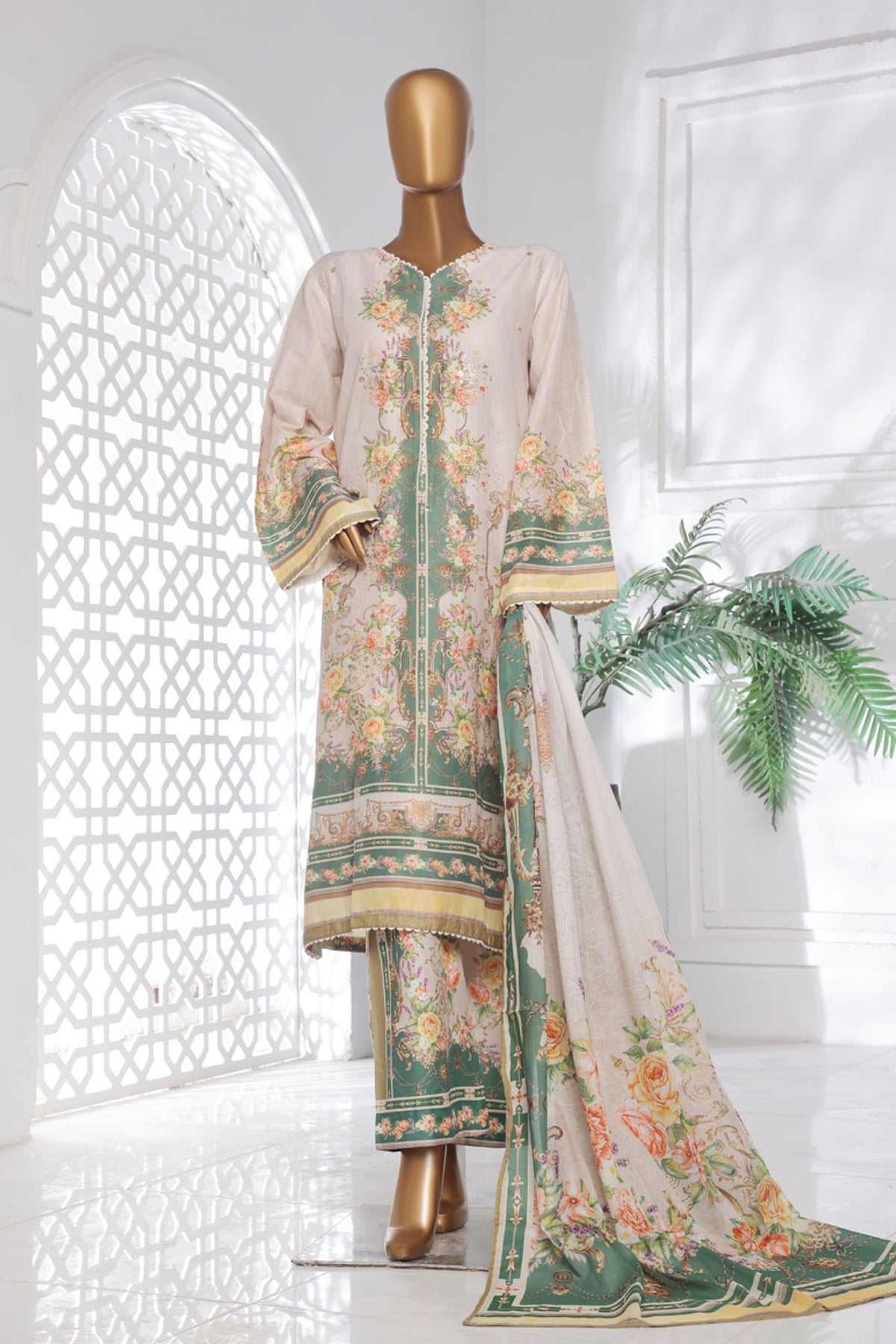 Bin Saeed Stitched 3 Piece Exc Chikankari Lawn Collection'2025-SM-2136-Off White
