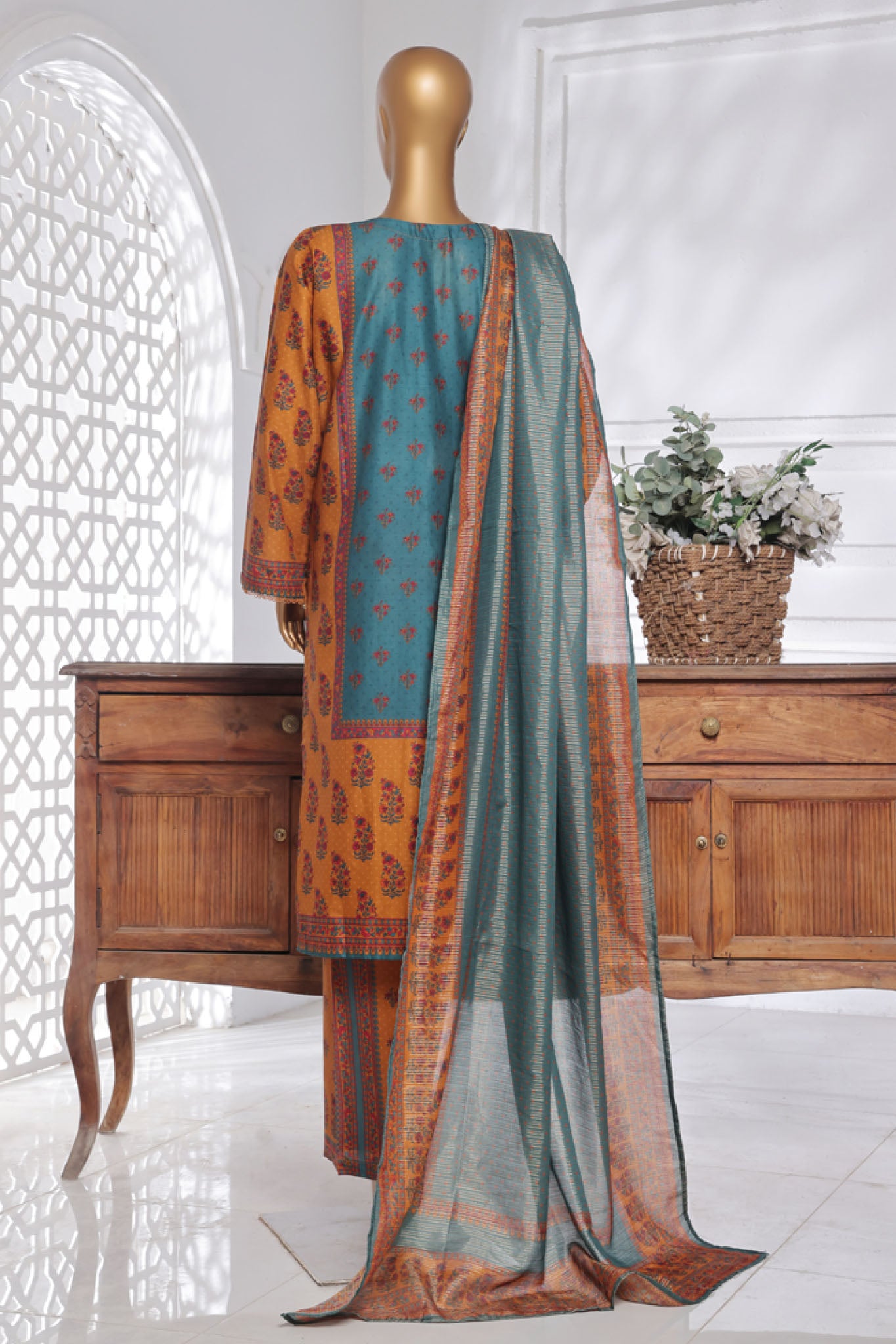 Bin Saeed Stitched 3 Piece Exc Chikankari Lawn Collection'2025-SM-2137-Teal