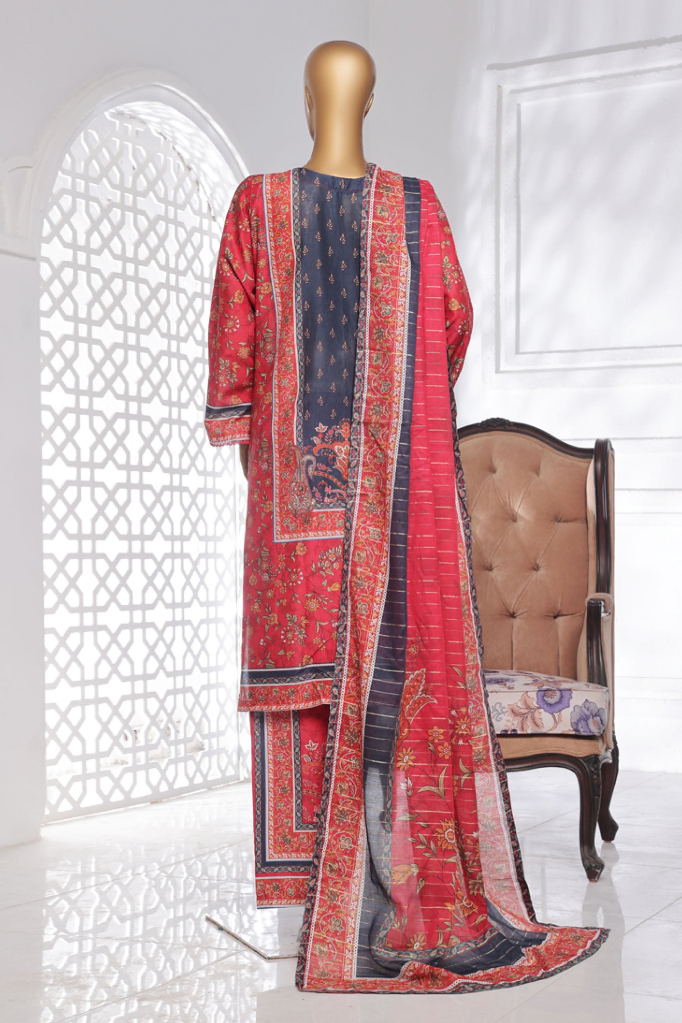 Bin Saeed Stitched 3 Piece Exc Chikankari Lawn Collection'2025-SM-2139-Red