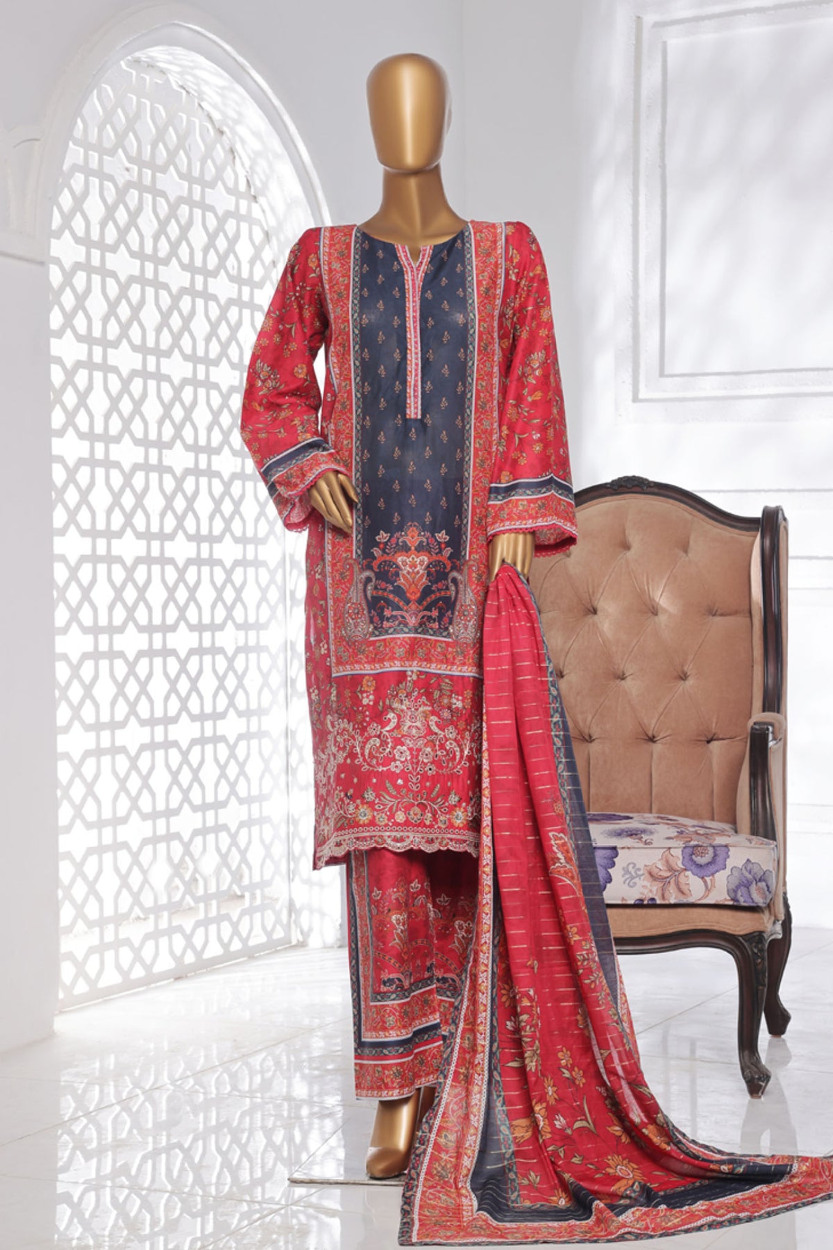 Bin Saeed Stitched 3 Piece Exc Chikankari Lawn Collection'2025-SM-2139-Red