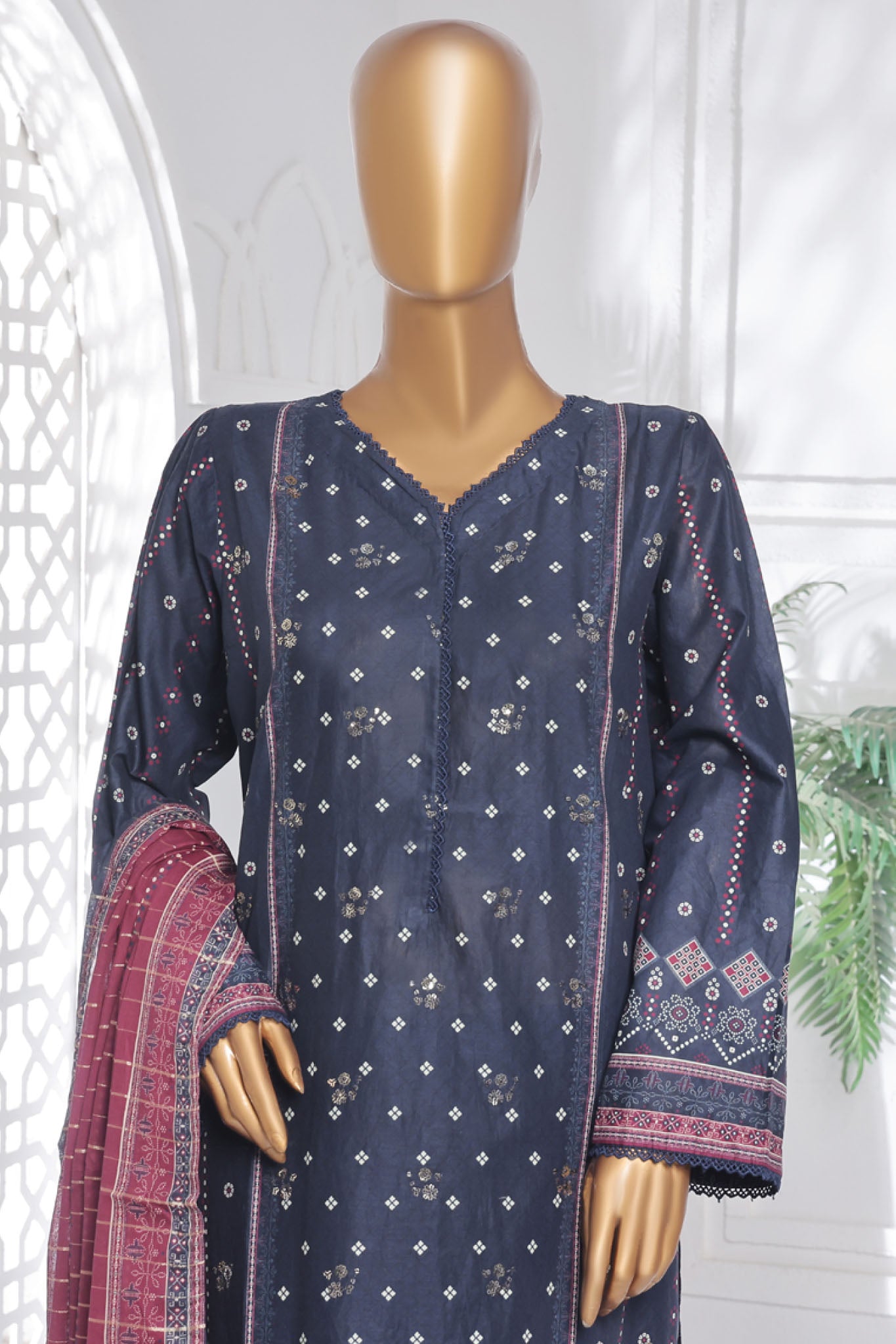 Bin Saeed Stitched 3 Piece Exc Chikankari Lawn Collection'2025-SM-2143-Navy Blue