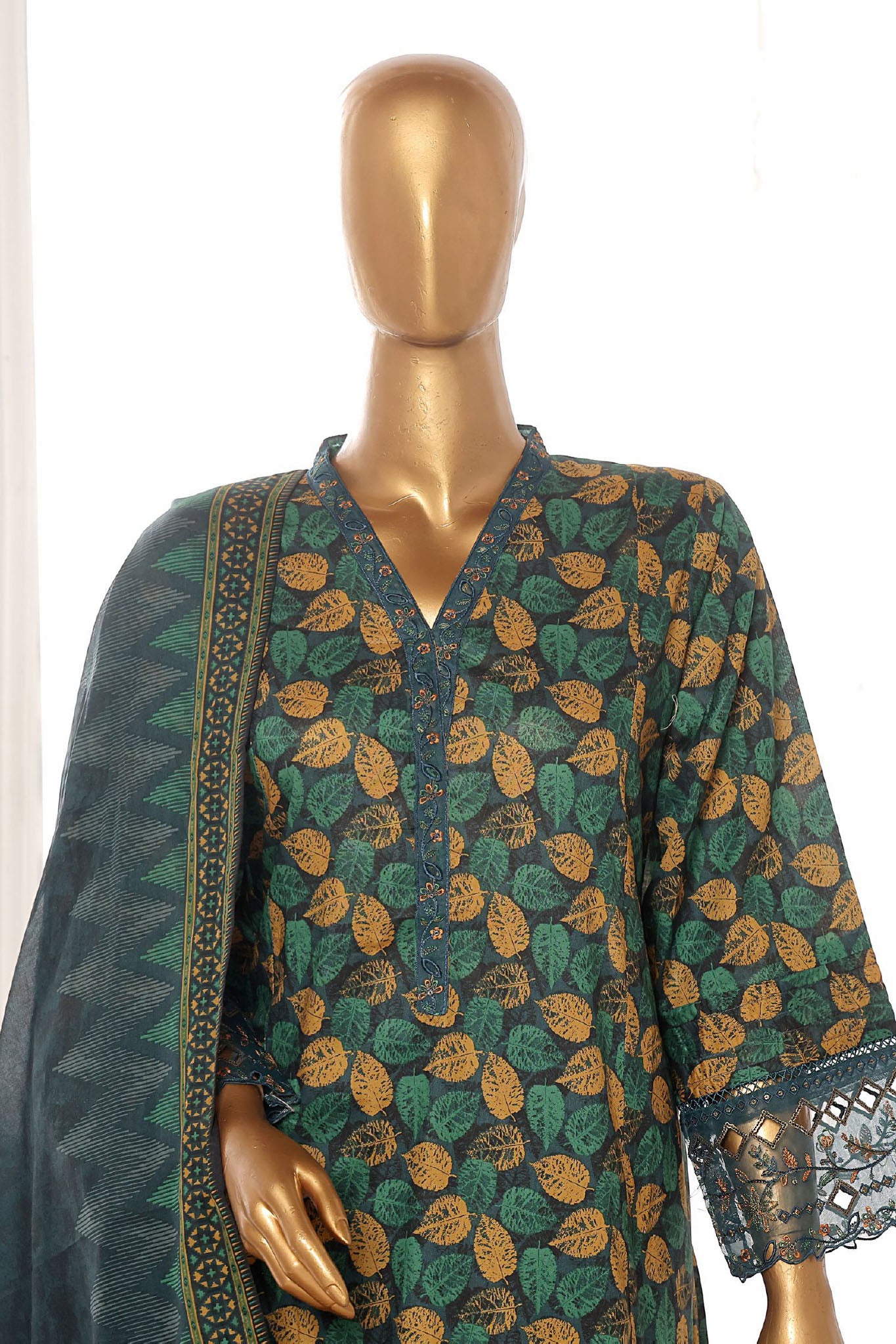 Bin Saeed Stitched 3 Piece Exclusive Lawn Frock Vol-01 Collection-SM-344-Dark Green