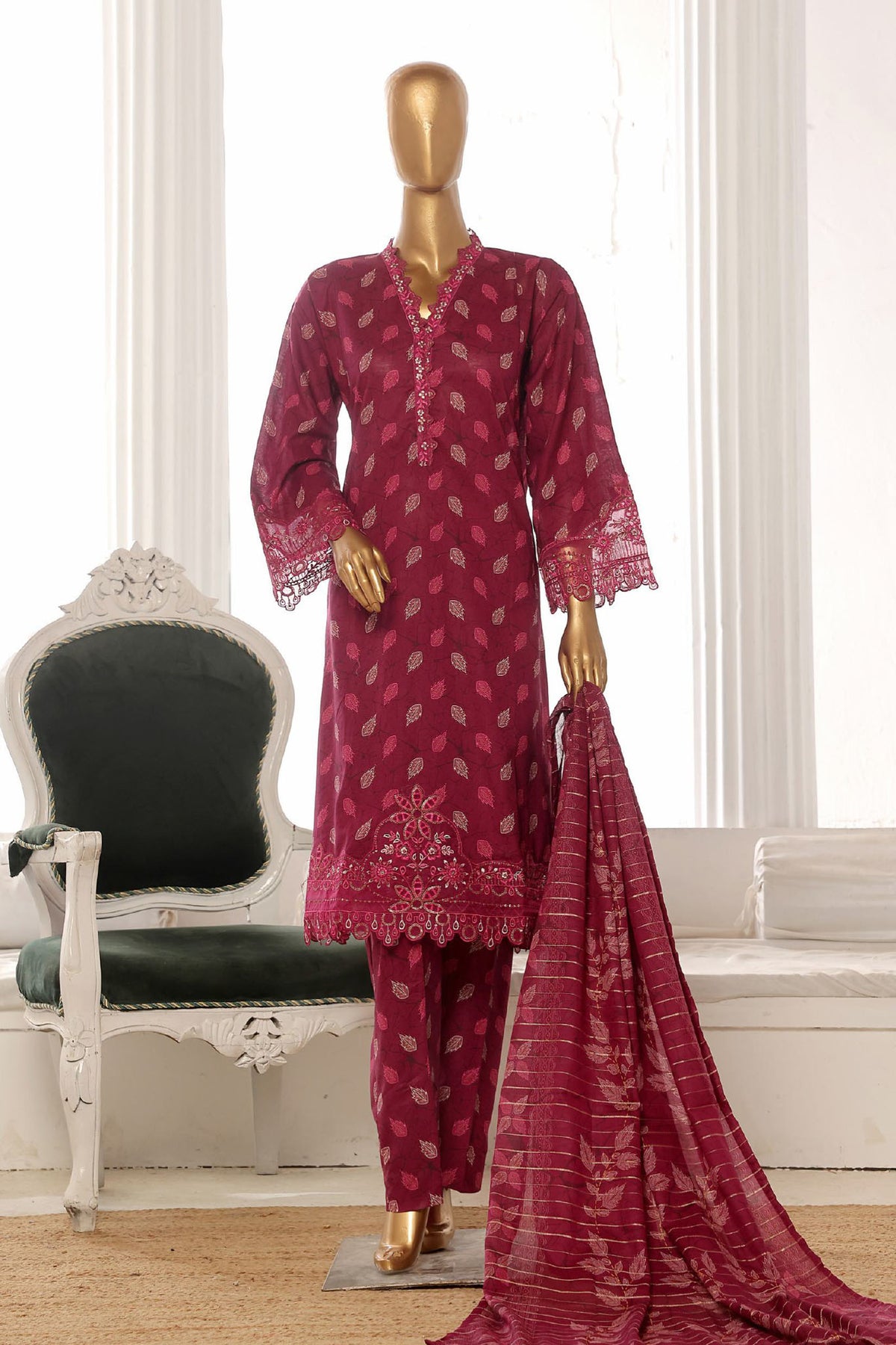 Bin Saeed Stitched 3 Piece Exclusive Lawn Frock Vol-01 Collection-SM-348-Purple