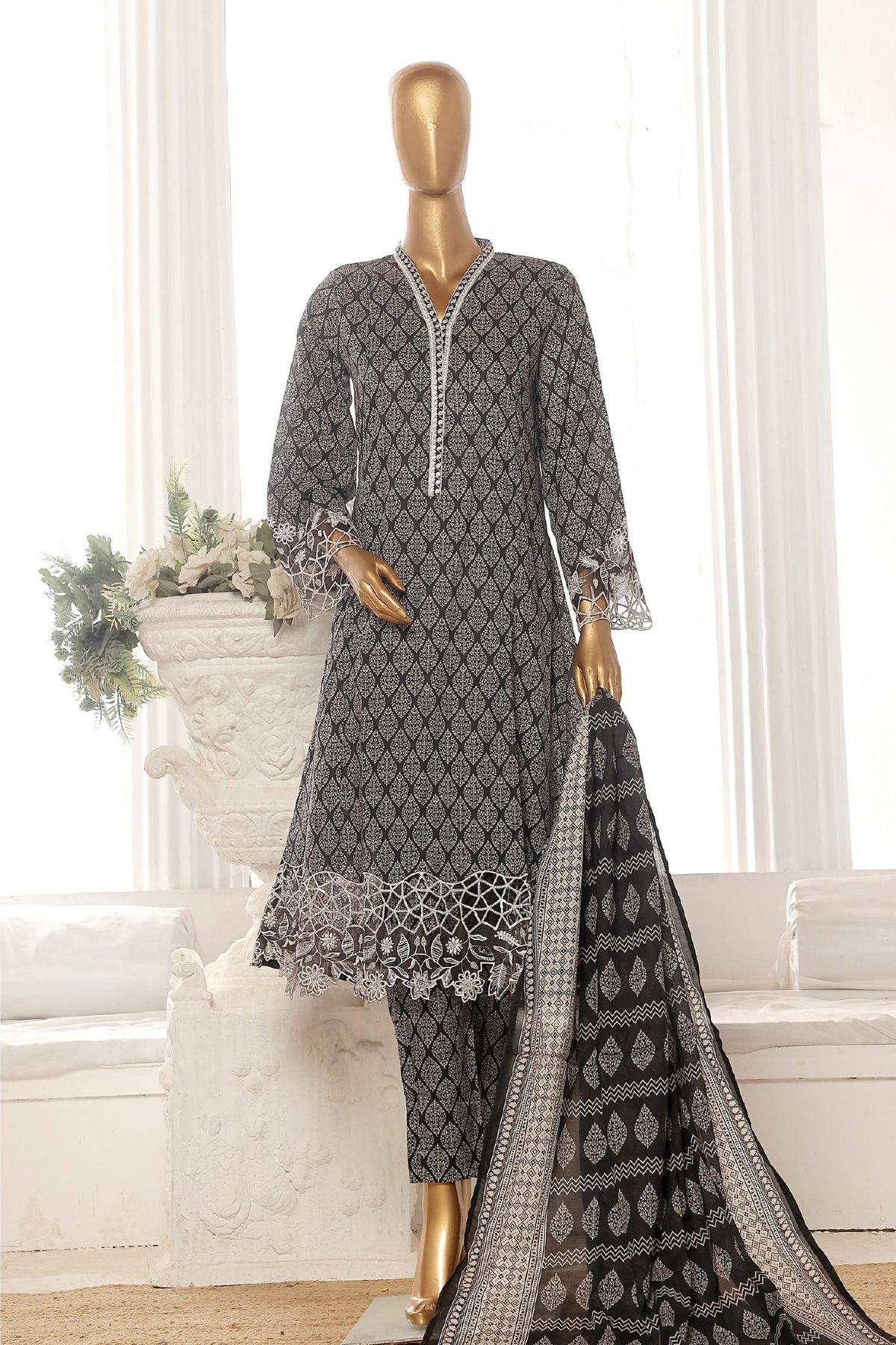 Bin Saeed Stitched 3 Piece Exclusive Lawn Frock Vol-01 Collection-SM-357-Grey