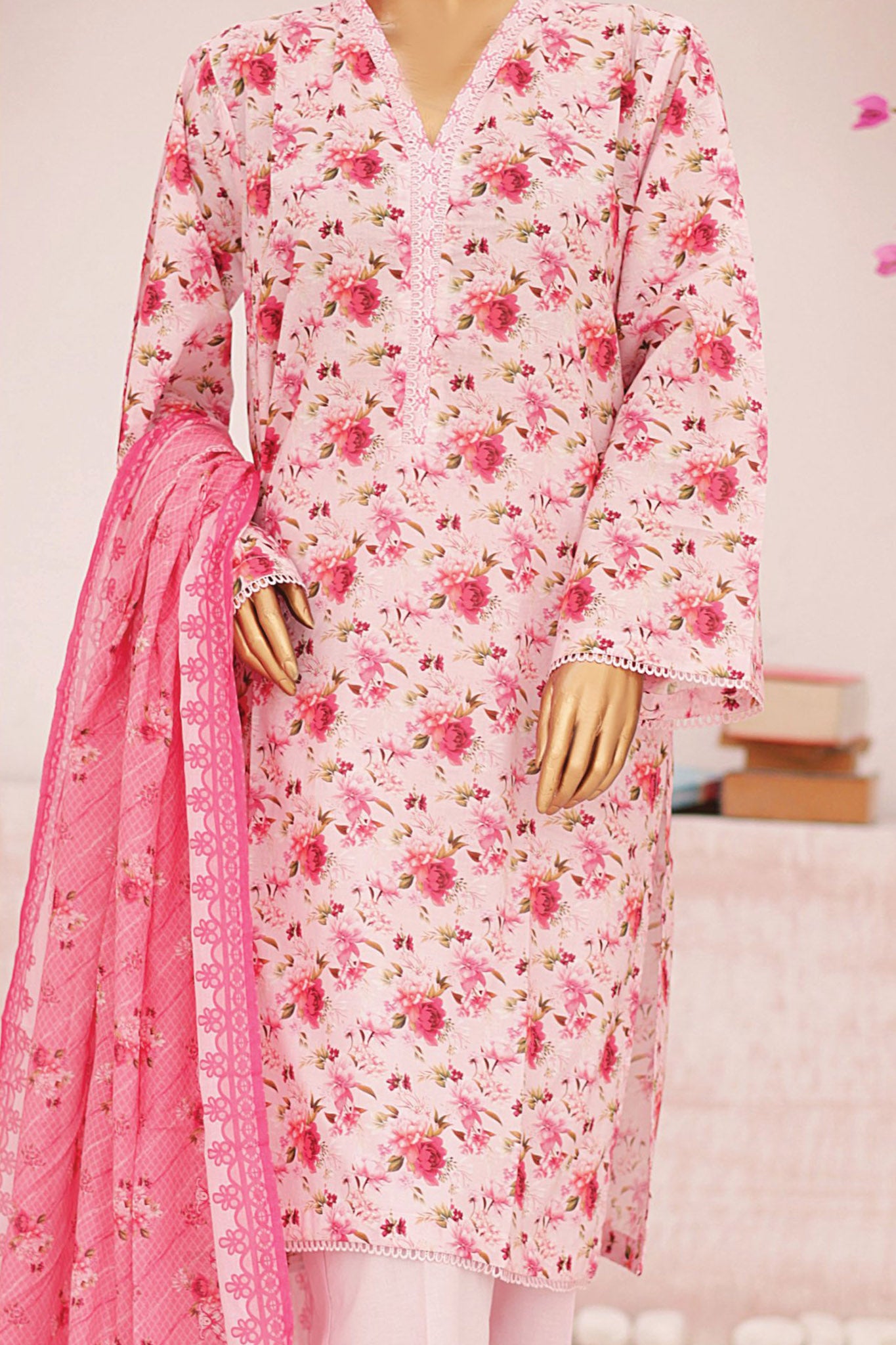 Bin Saeed Stitched 3 Piece Fancy Printed Lawn Collection'2024-SM-590-Pink