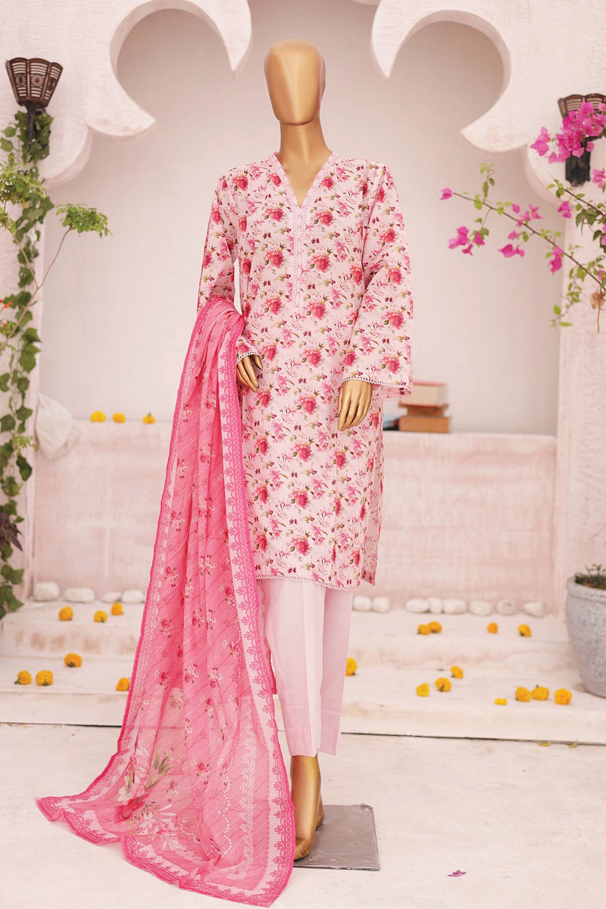 Bin Saeed Stitched 3 Piece Fancy Printed Lawn Collection'2024-SM-590-Pink