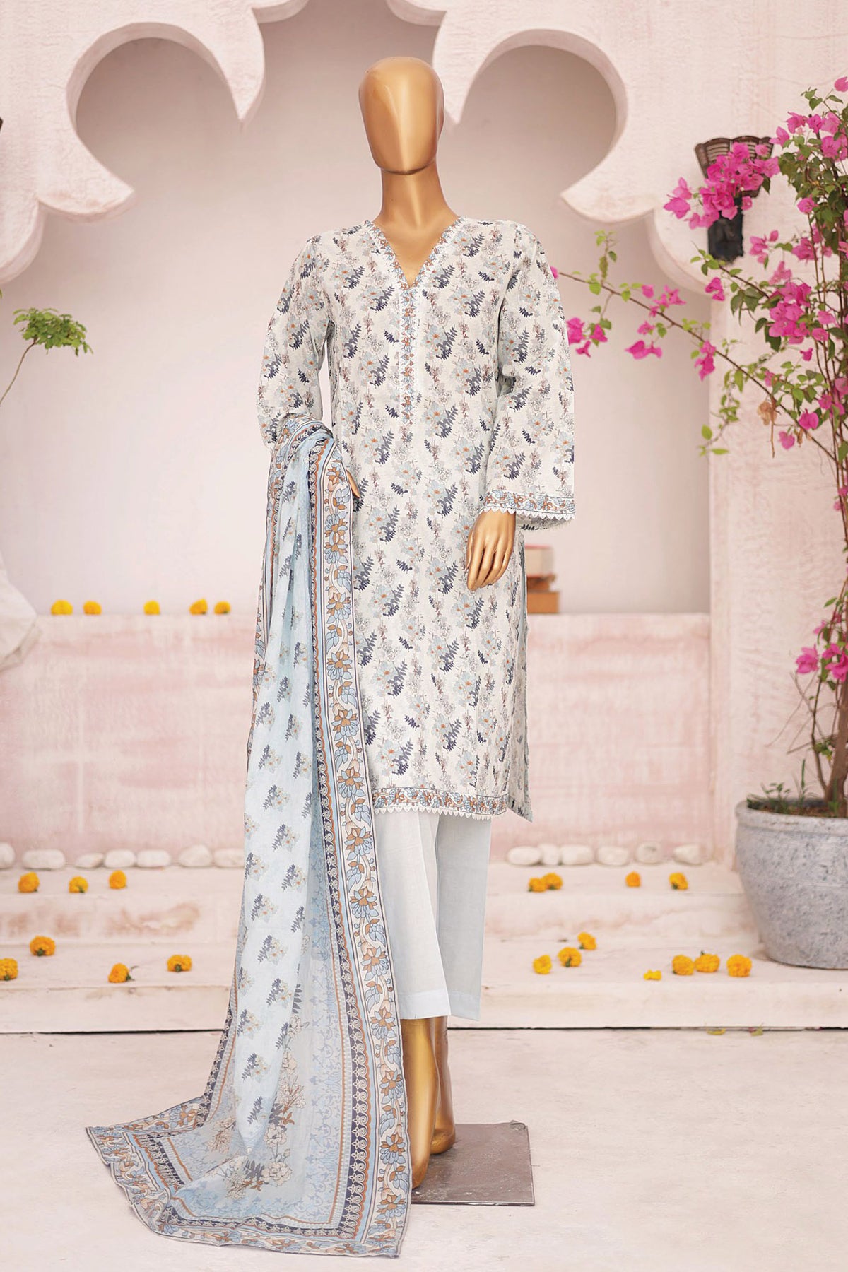 Bin Saeed Stitched 3 Piece Fancy Printed Lawn Collection'2024-SM-592-White