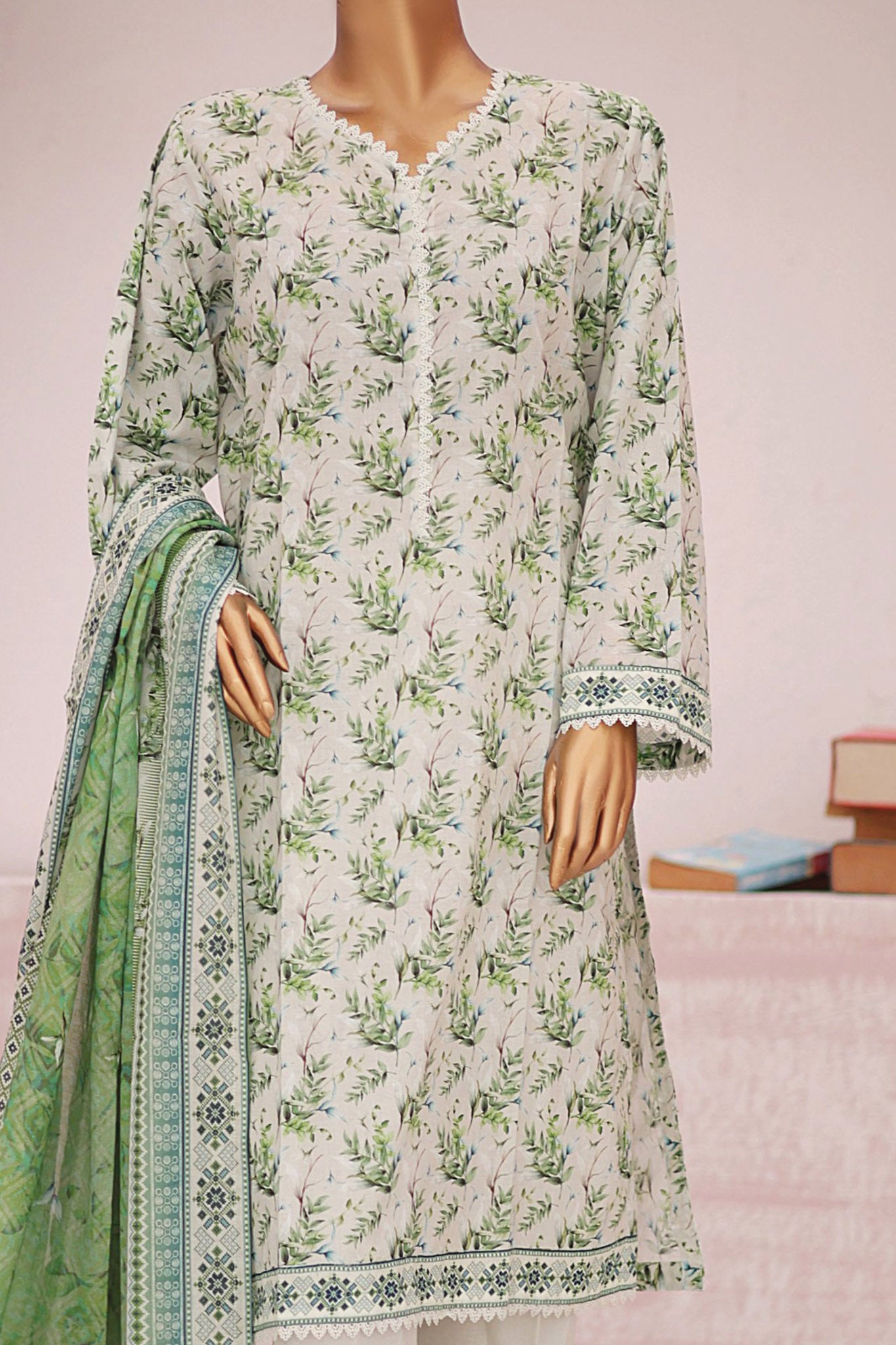 Bin Saeed Stitched 3 Piece Fancy Printed Lawn Collection'2024-SM-593-Mint