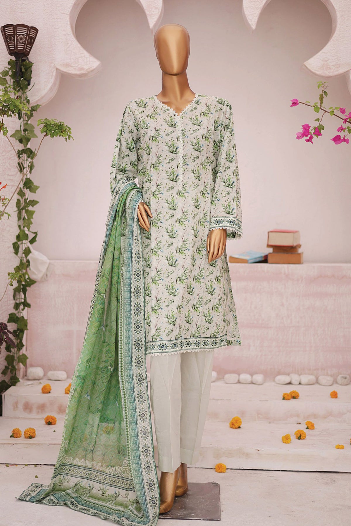 Bin Saeed Stitched 3 Piece Fancy Printed Lawn Collection'2024-SM-593-Mint