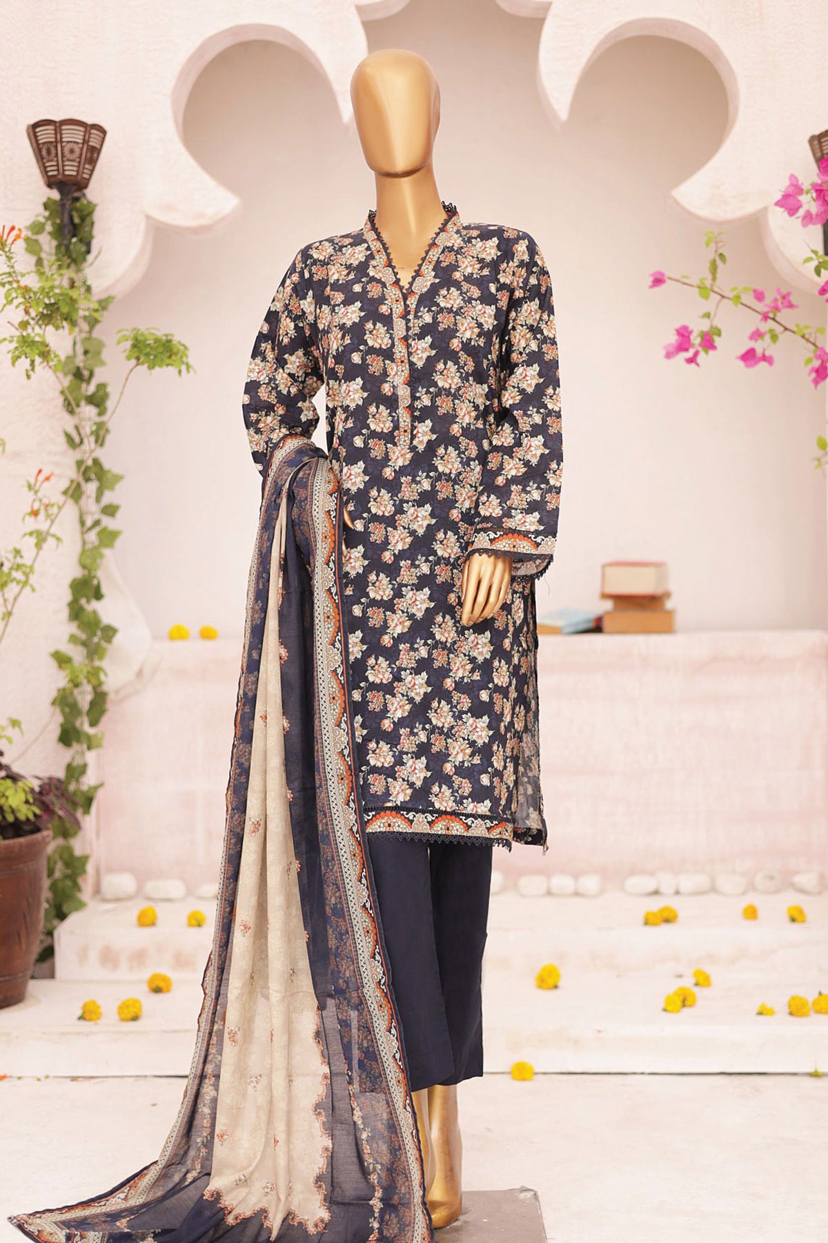 Bin Saeed Stitched 3 Piece Fancy Printed Lawn Collection'2024-SM-594-N.Blue