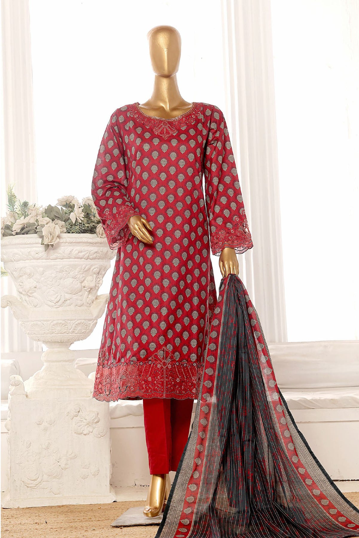 Bin Saeed Stitched 3 Piece Exclusive Lawn Frock Vol-01 Collection-SM-595-Maroon