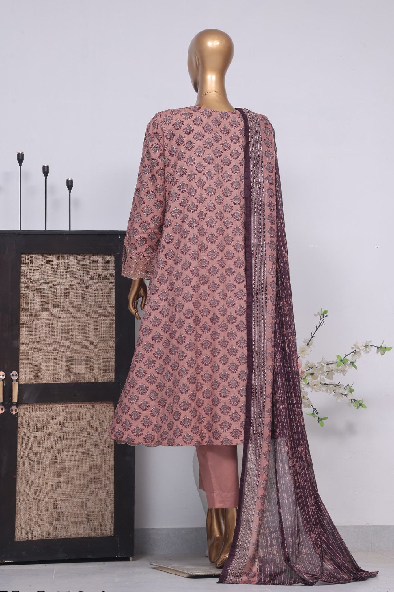 Bin Saeed Stitched 3 Piece Exclusive Lawn Frock Vol-01 Collection-SM-596-Mauve