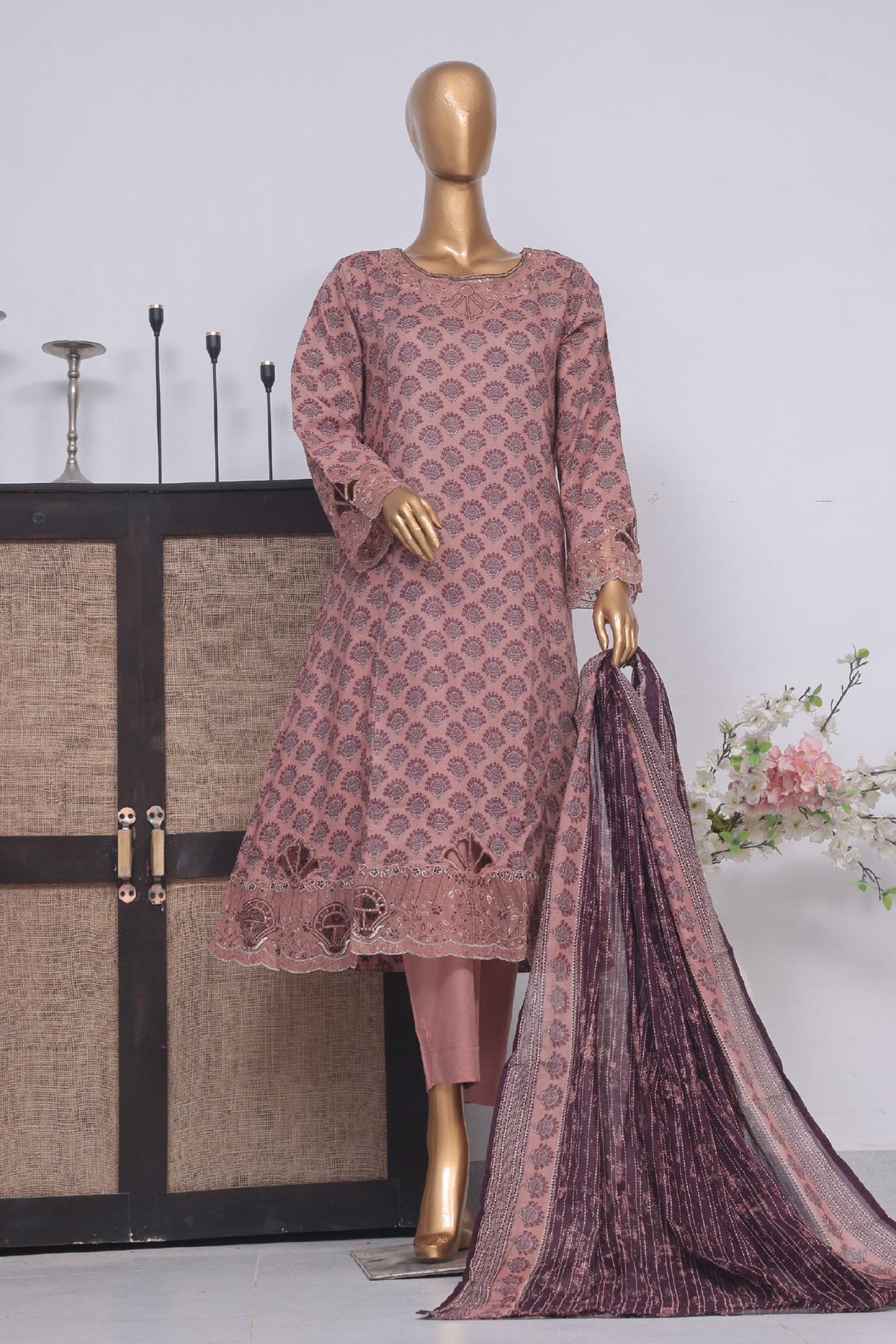 Bin Saeed Stitched 3 Piece Exclusive Lawn Frock Vol-01 Collection-SM-596-Mauve