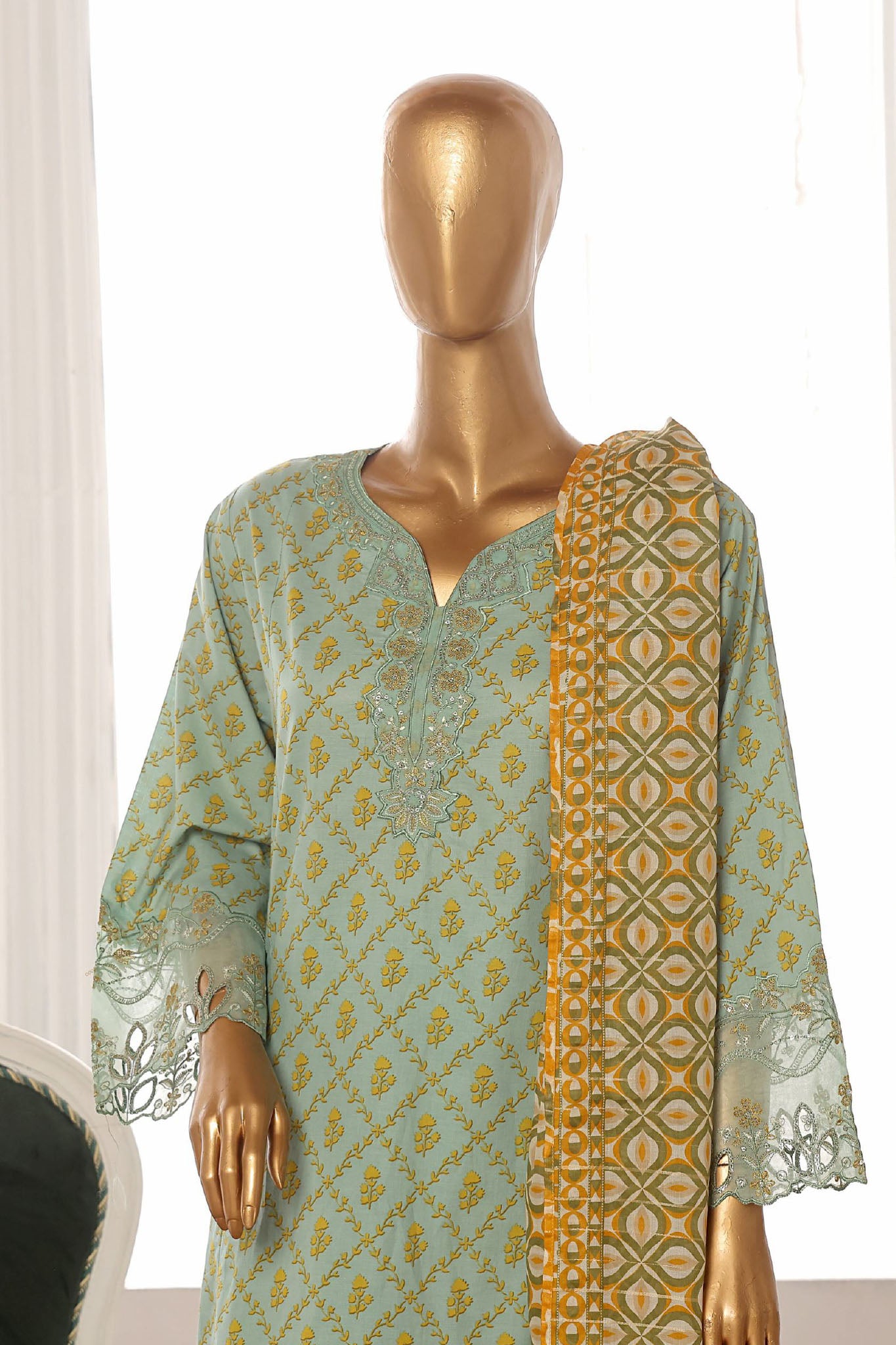 Bin Saeed Stitched 3 Piece Exclusive Lawn Frock Vol-01 Collection-SM-597-Mint