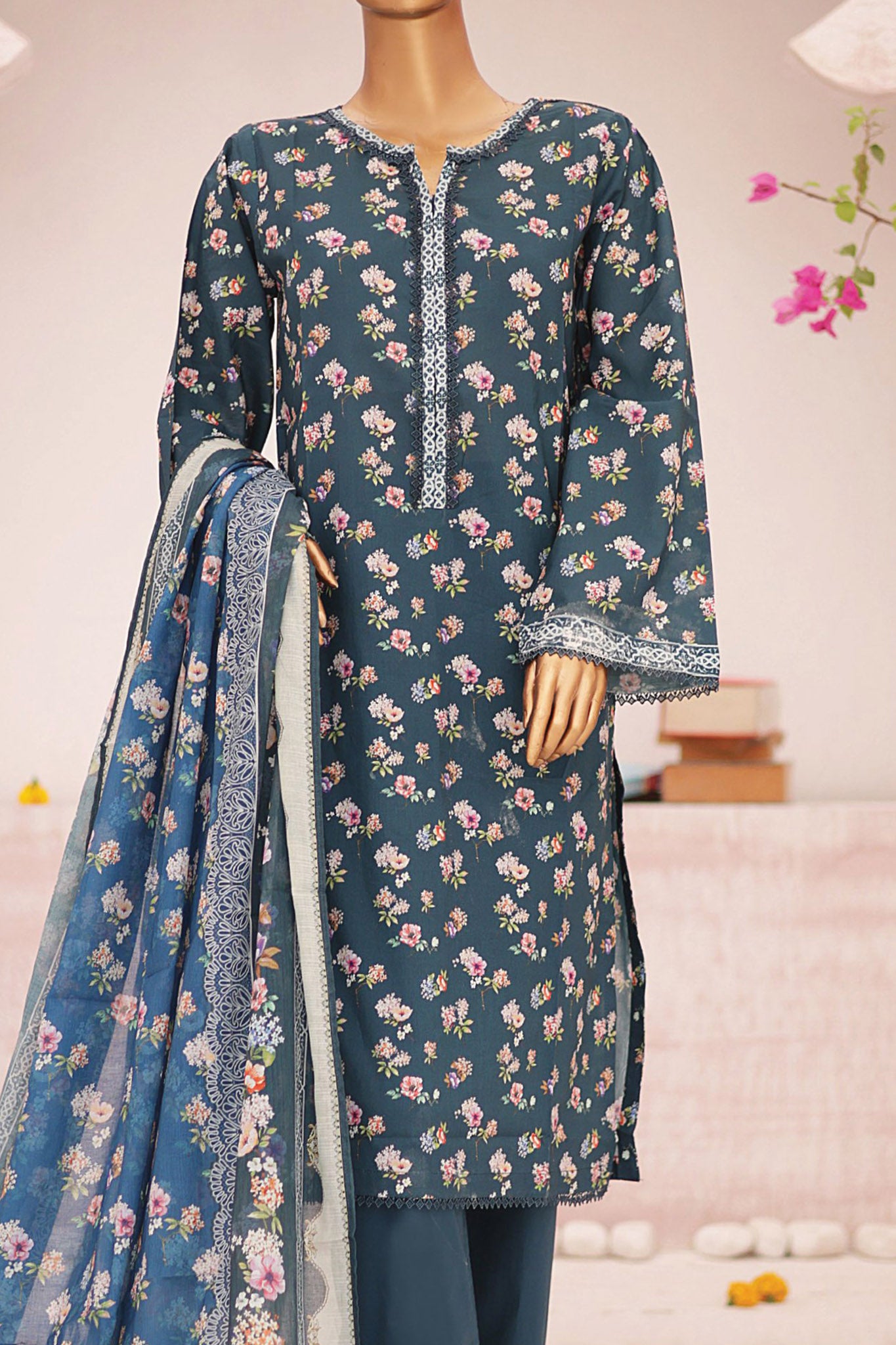 Bin Saeed Stitched 3 Piece Fancy Printed Lawn Collection'2024-SM-597-N.Blue