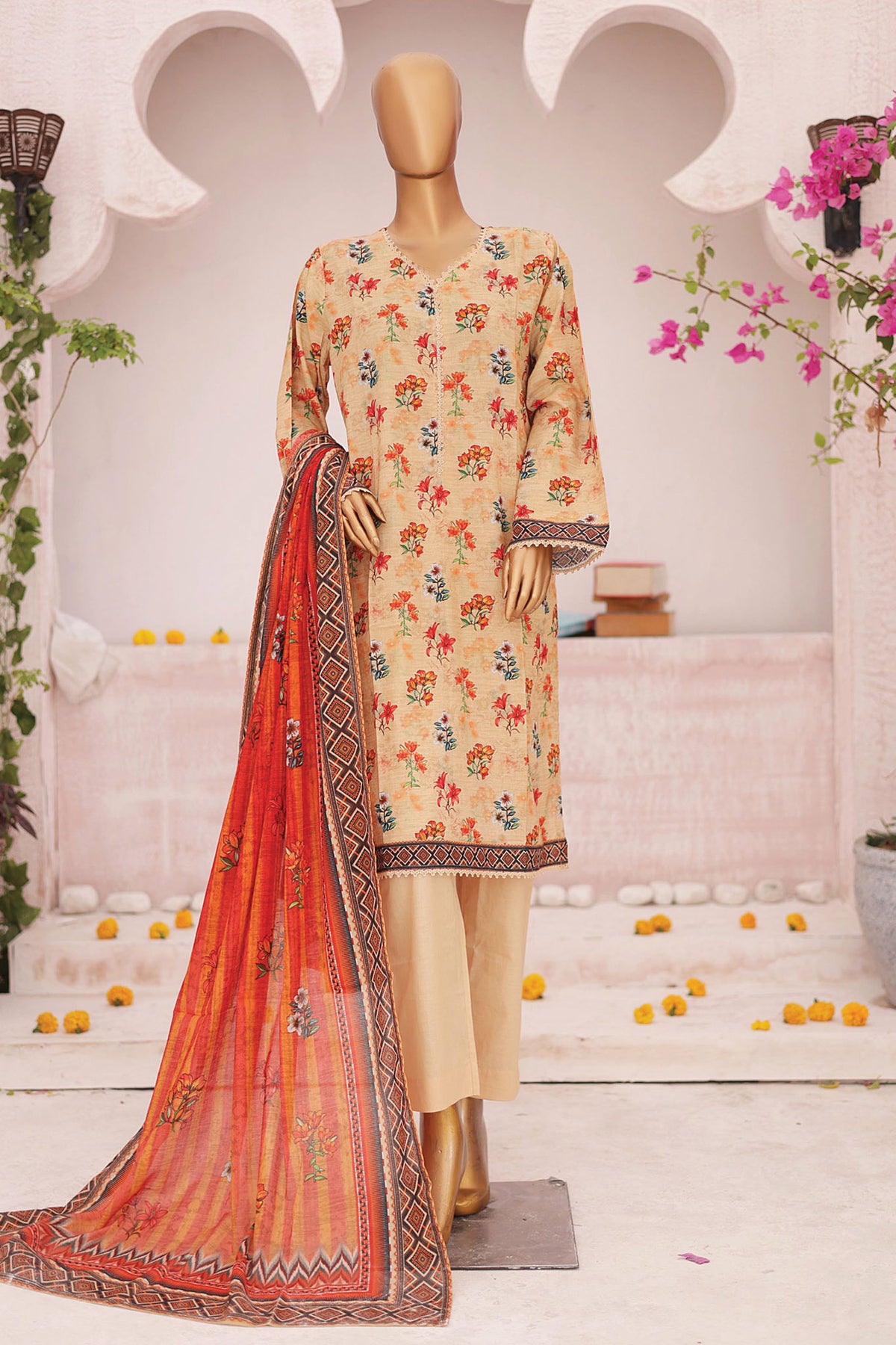 Bin Saeed Stitched 3 Piece Fancy Printed Lawn Collection'2024-SM-598-Beige