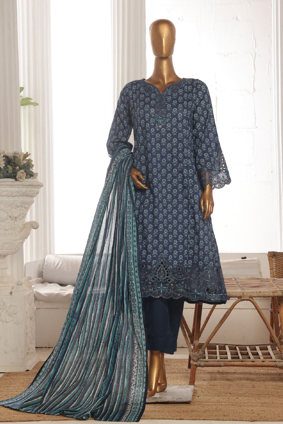 Bin Saeed Stitched 3 Piece Exclusive Lawn Frock Vol-01 Collection-SM-599-Navy Blue