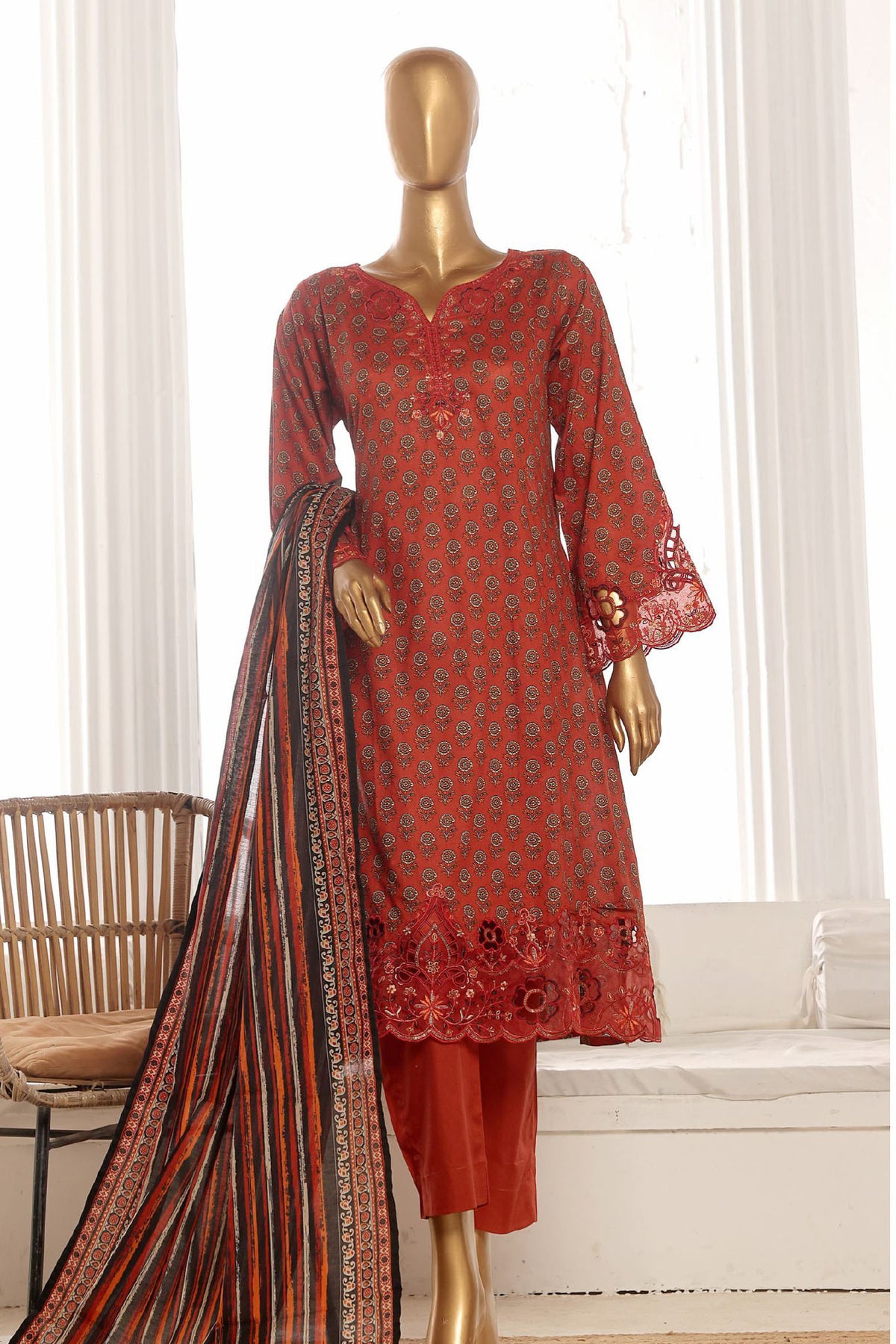 Bin Saeed Stitched 3 Piece Exclusive Lawn Frock Vol-01 Collection-SM-601-Maroon