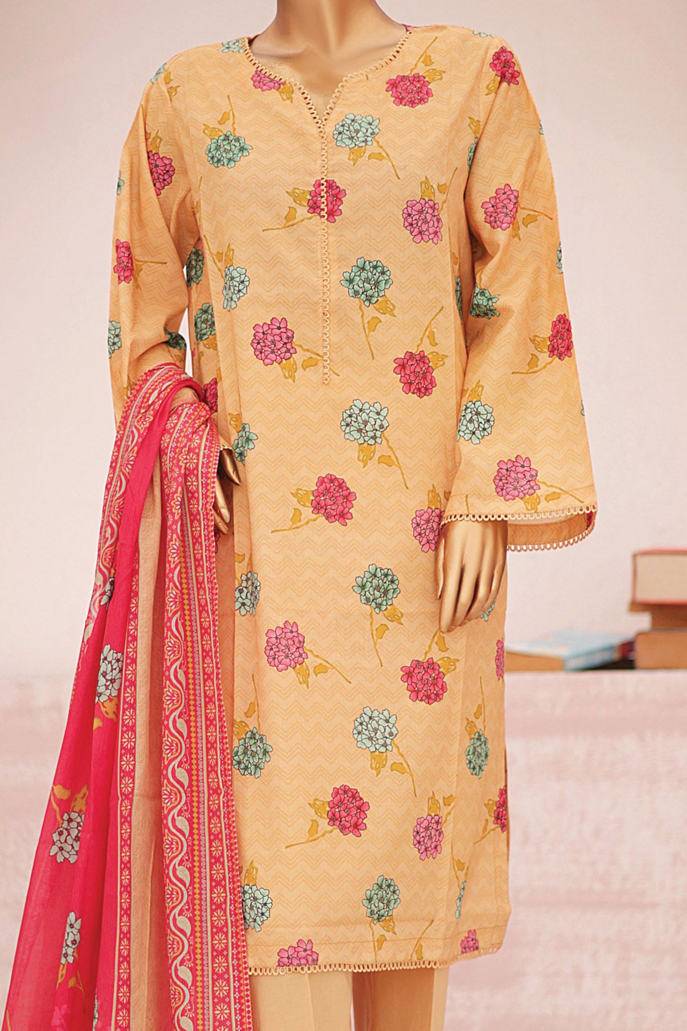 Bin Saeed Stitched 3 Piece Fancy Printed Lawn Collection'2024-SM-602-Mustard