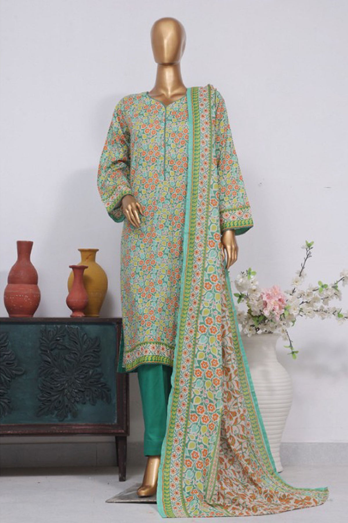 Bin Saeed Stitched 3 Piece Exclusive Printed Lawn Vol-02 Collection-SM-1384-Green