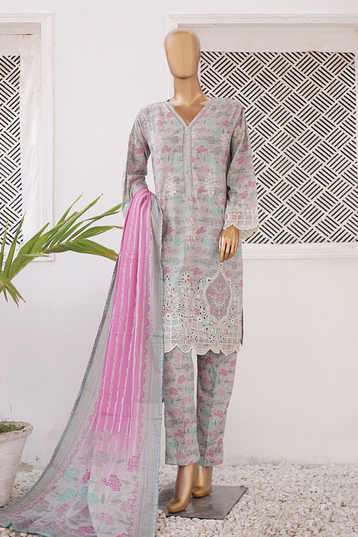 Chand bagh By Bin Saeed Stitched 3 Piece Emb Lawn Vol-03 Collection'2024-SM-607-Grey