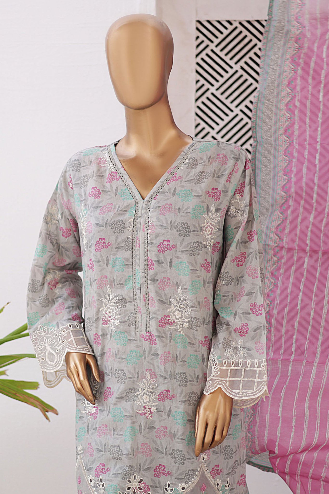 Chand bagh By Bin Saeed Stitched 3 Piece Emb Lawn Vol-03 Collection'2024-SM-607-Grey