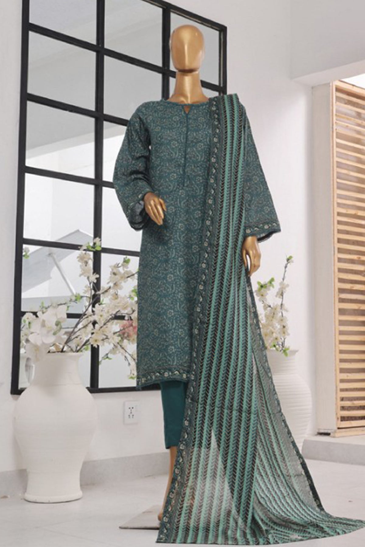 Bin Saeed Stitched 3 Piece Exclusive Printed Lawn Vol-01 Collection-SM-609-Dark Green