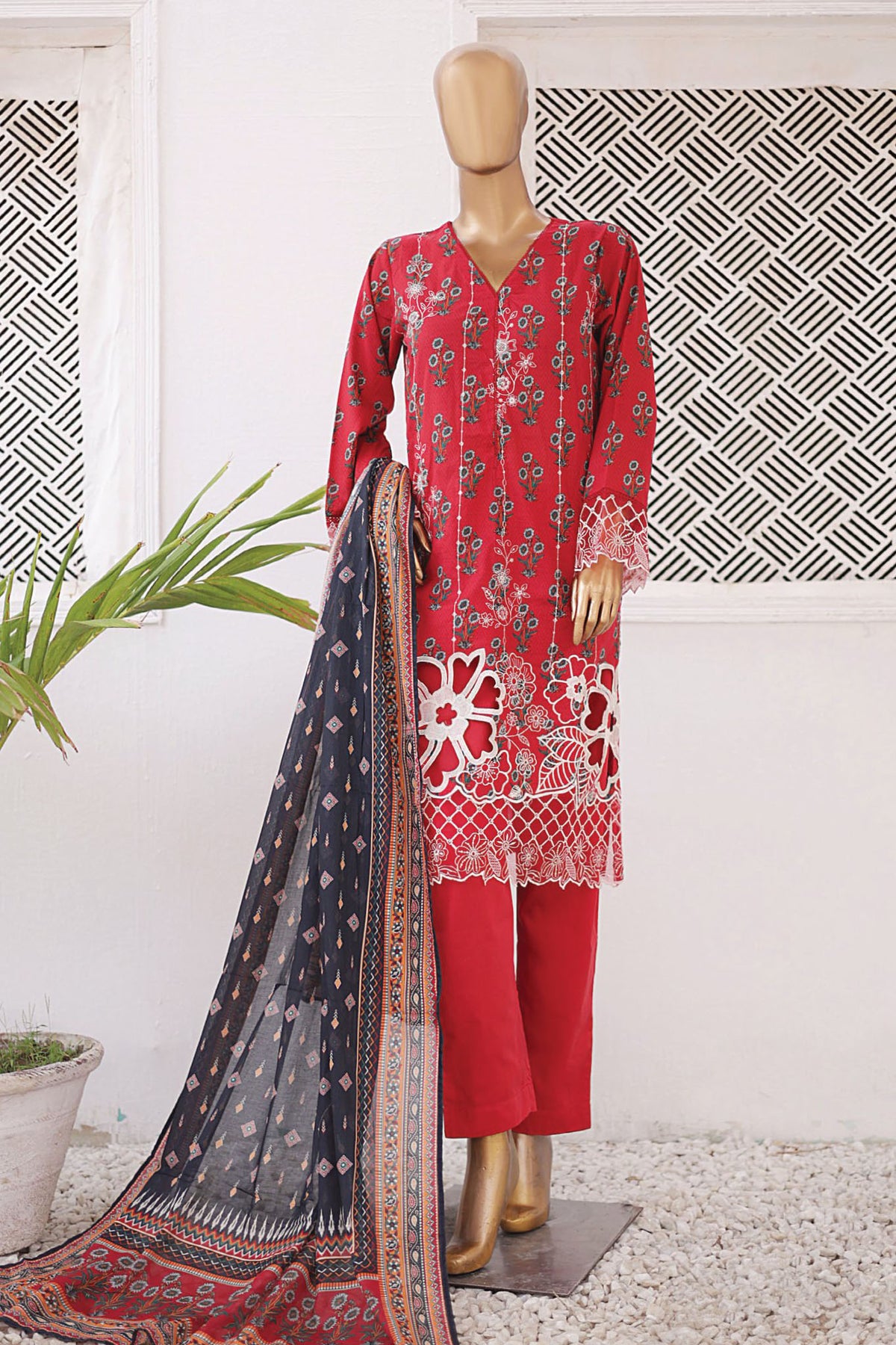 Chand bagh By Bin Saeed Stitched 3 Piece Emb Lawn Vol-03 Collection'2024-SM-611-Red