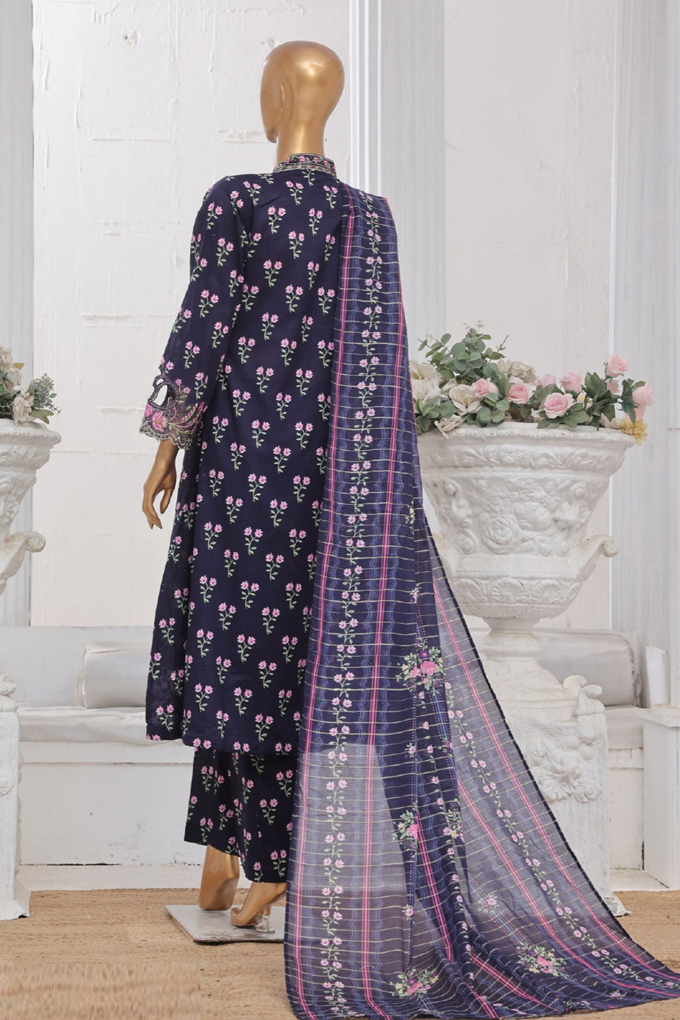 Bin Saeed Stitched 3 Piece Exclusive Lawn Frock Vol-01 Collection-SM-622-Navy Blue