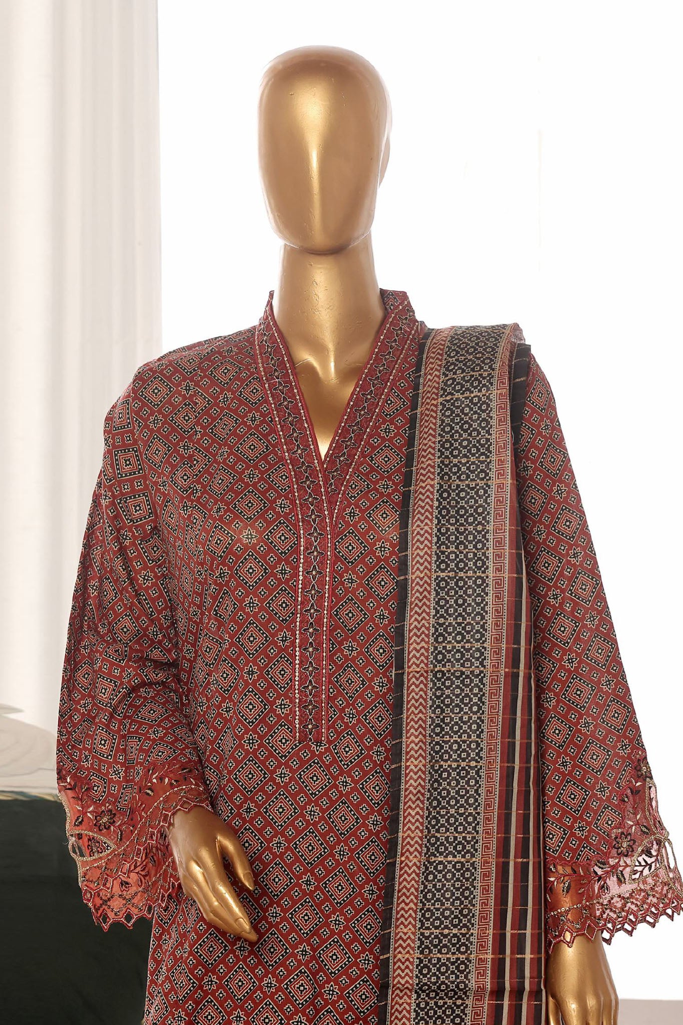 Bin Saeed Stitched 3 Piece Exclusive Lawn Frock Vol-01 Collection-SM-630-Maroon