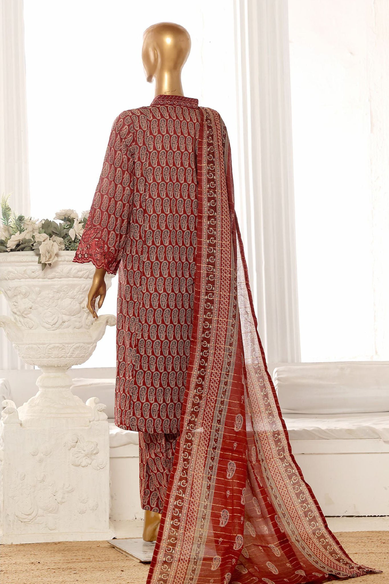 Bin Saeed Stitched 3 Piece Exclusive Lawn Frock Vol-01 Collection-SM-631-Rust