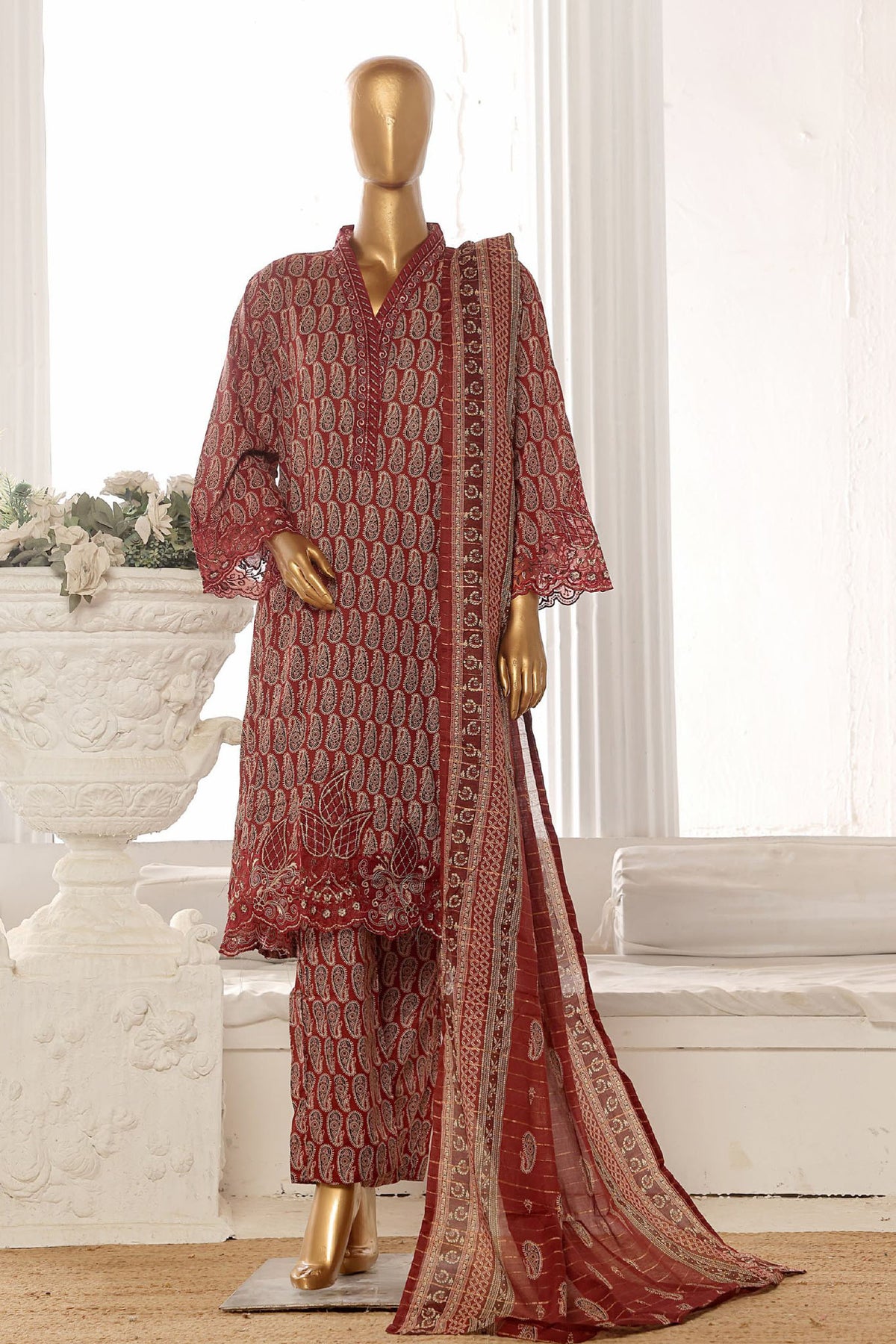 Bin Saeed Stitched 3 Piece Exclusive Lawn Frock Vol-01 Collection-SM-631-Rust