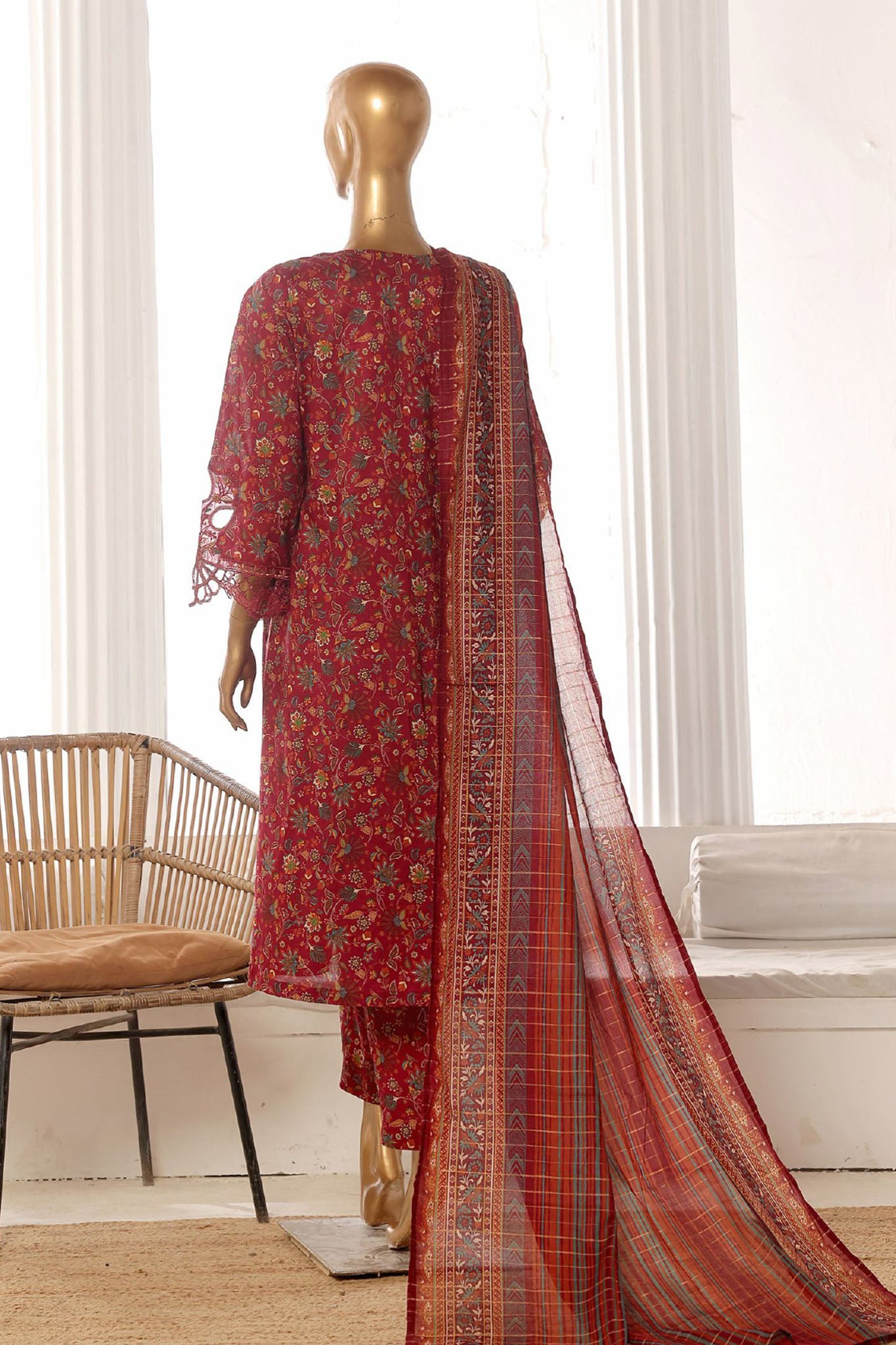 Bin Saeed Stitched 3 Piece Exclusive Lawn Frock Vol-01 Collection-SM-635-Maroon