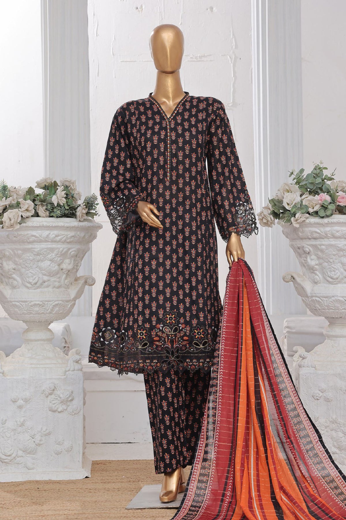 Bin Saeed Stitched 3 Piece Exclusive Lawn Frock Vol-01 Collection-SM-636-Black