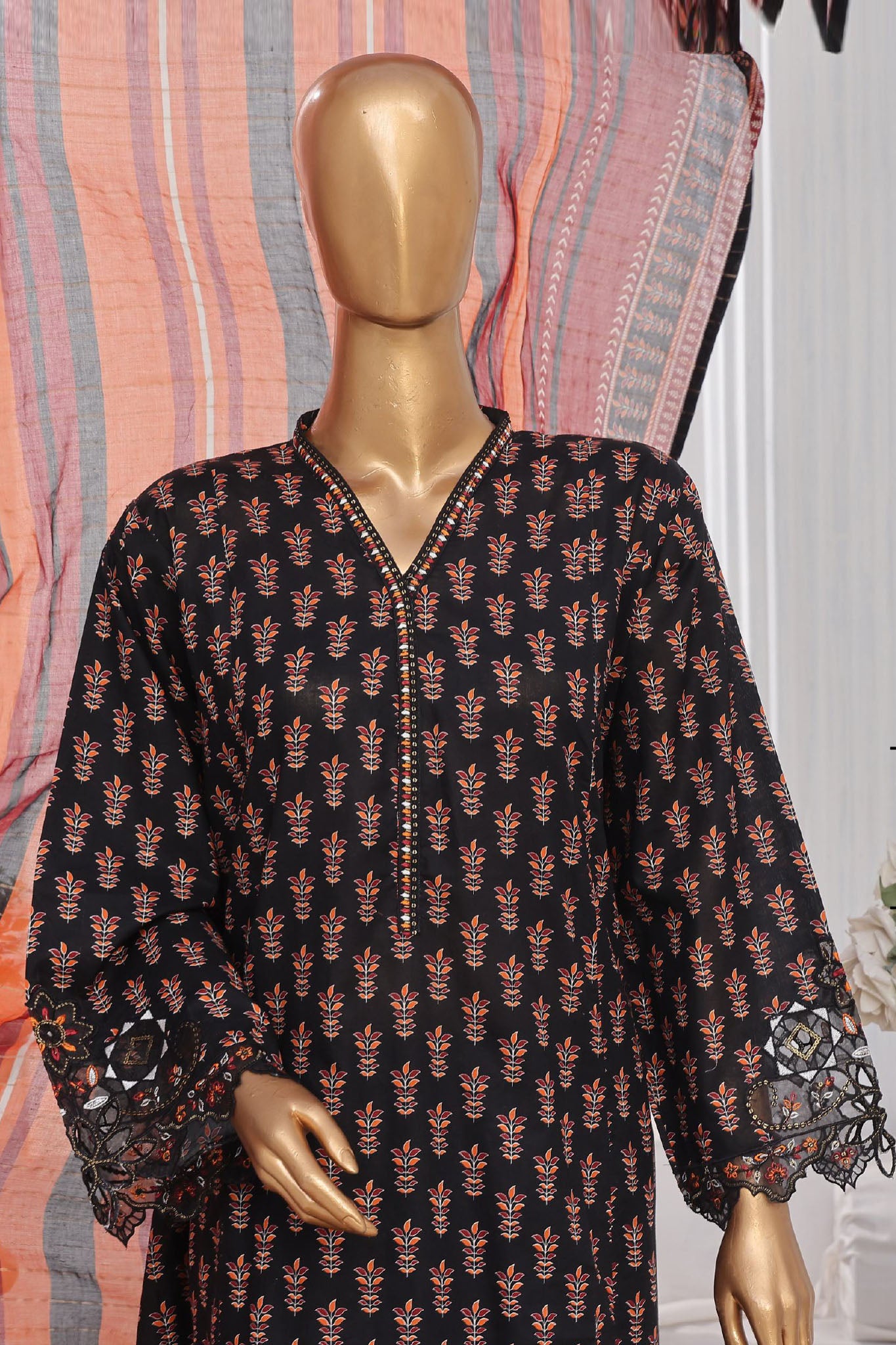 Bin Saeed Stitched 3 Piece Exclusive Lawn Frock Vol-01 Collection-SM-636-Black