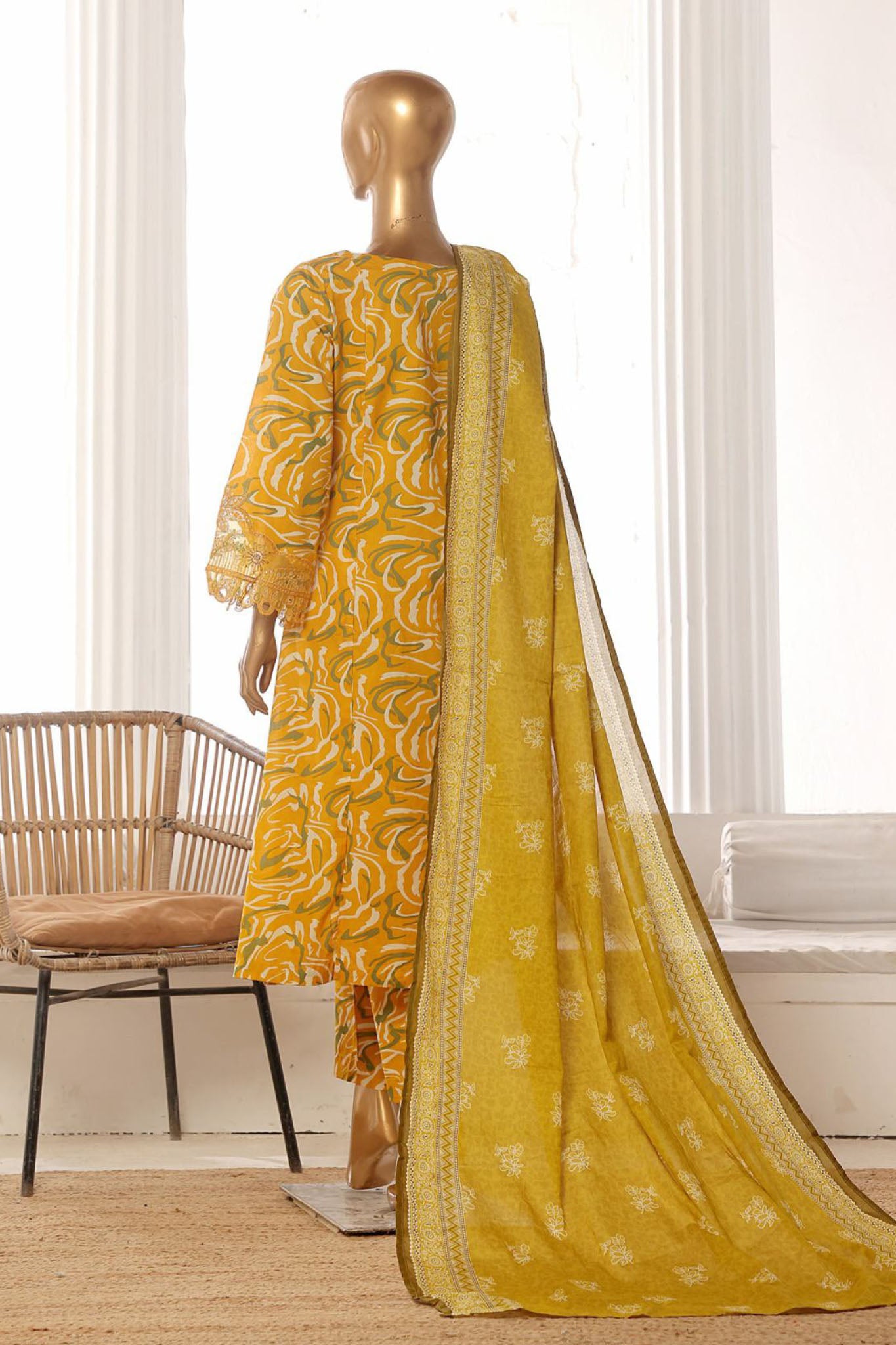 Bin Saeed Stitched 3 Piece Exclusive Lawn Frock Vol-01 Collection-SM-640-Mustard