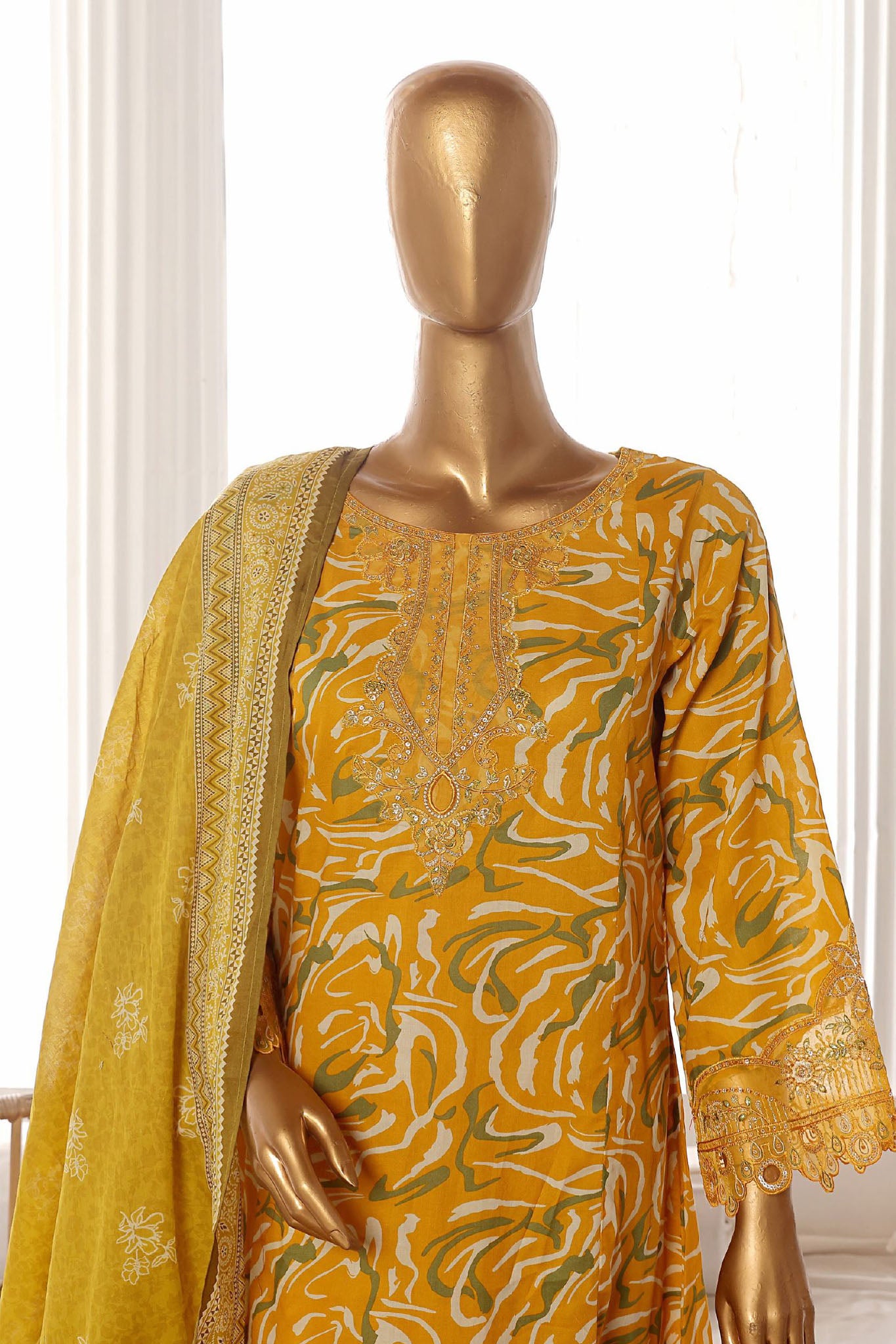 Bin Saeed Stitched 3 Piece Exclusive Lawn Frock Vol-01 Collection-SM-640-Mustard