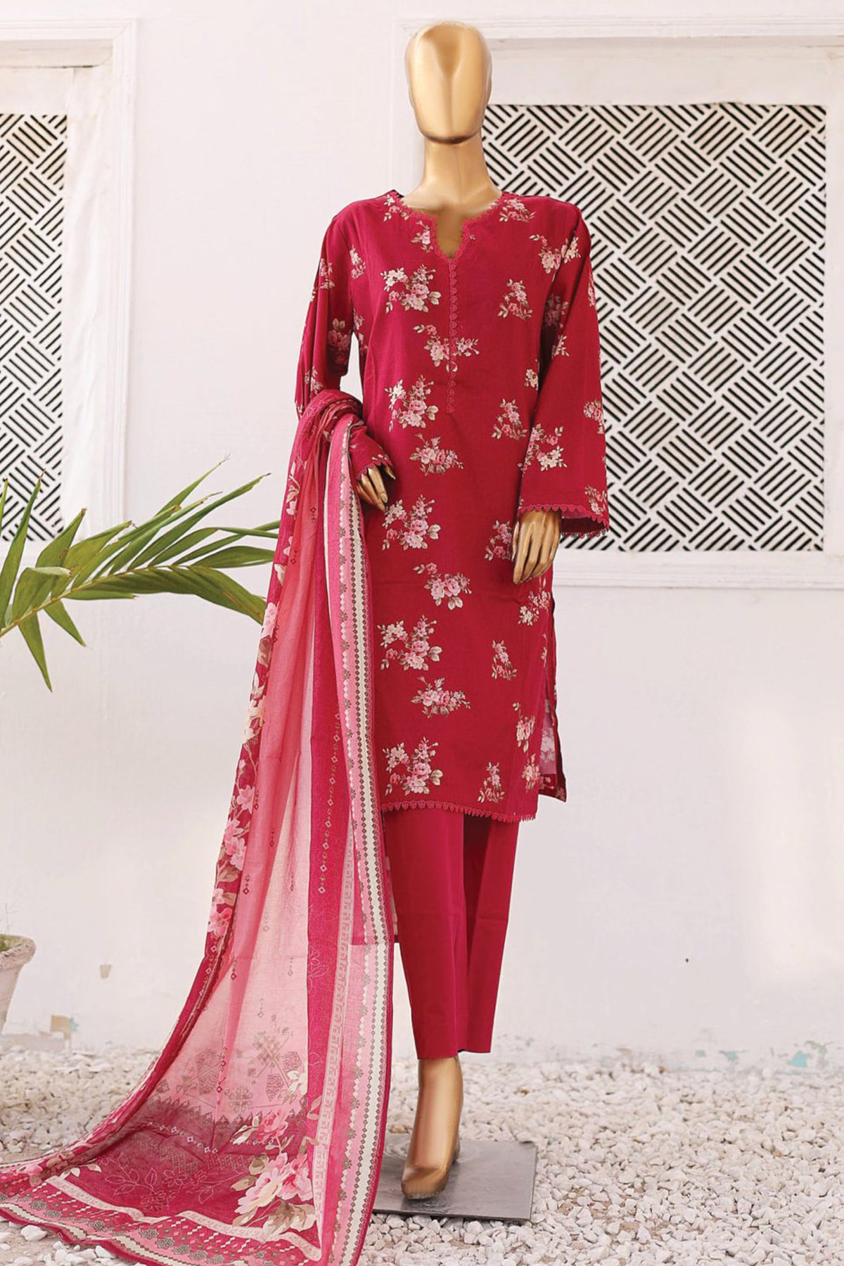 Bin Saeed Stitched 3 Piece Printed Lawn Vol-04 Collection'2024-SM-646-Red