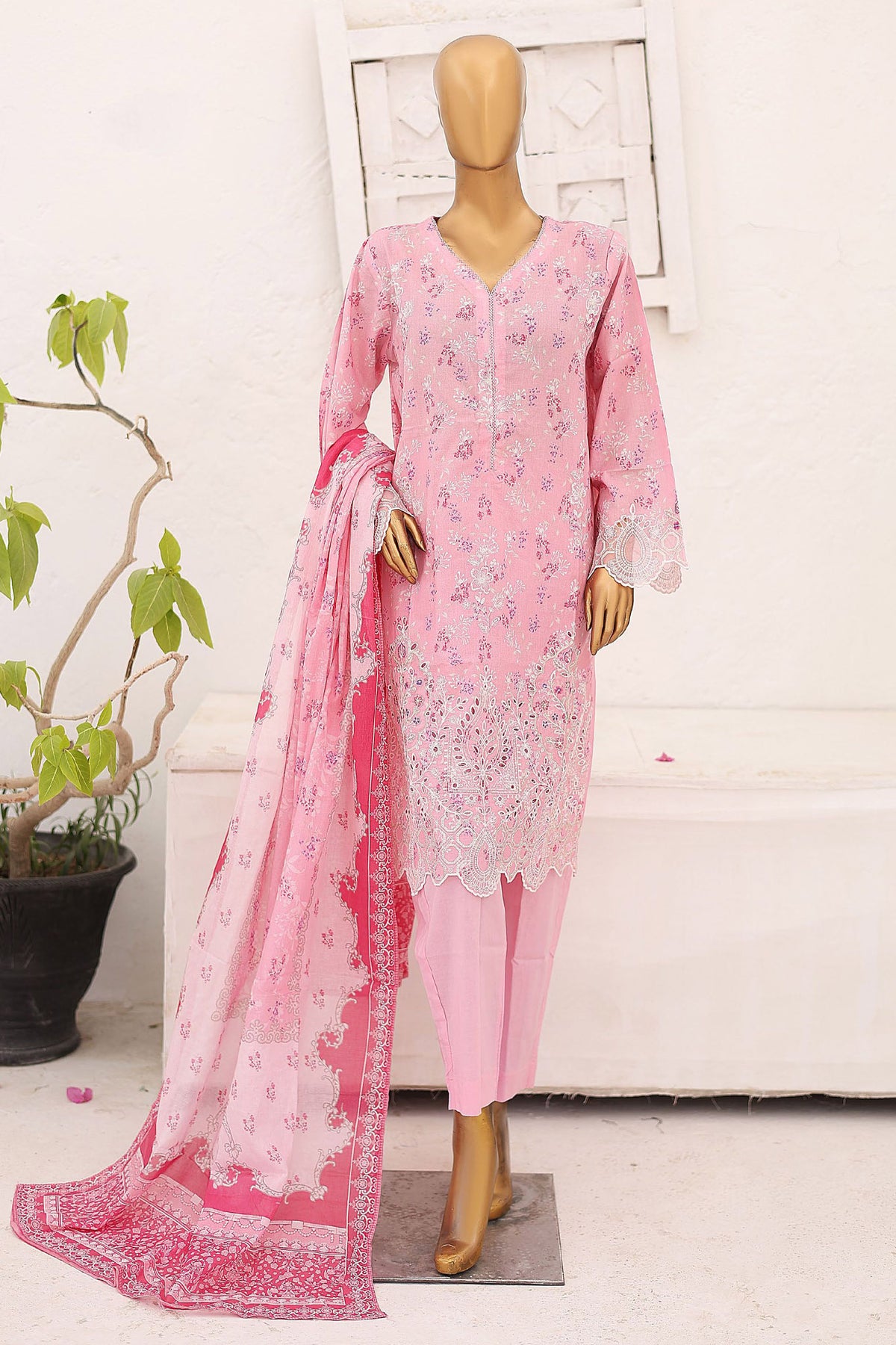 Bin Saeed Stitched 3 Piece Cutwork Emb Lawn Collection'2024-SM-656-Pink