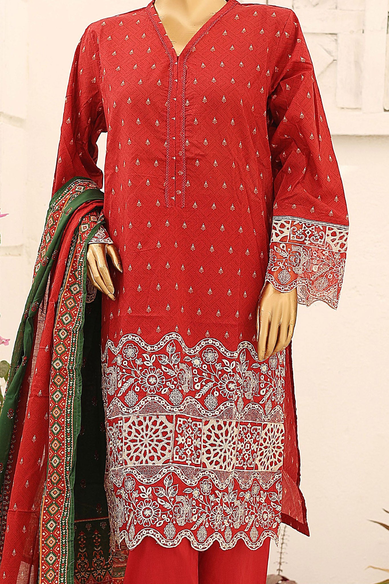 Bin Saeed Stitched 3 Piece Cutwork Emb Lawn Collection'2024-SM-660-Red