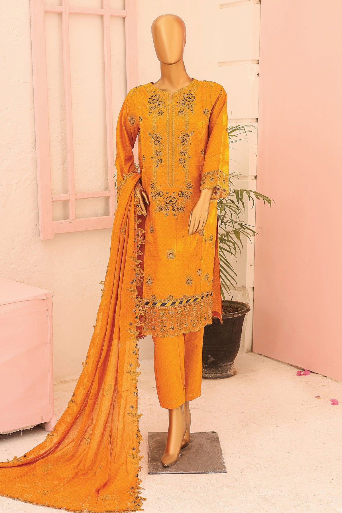 Bin Saeed Stitched 3 Piece Luxury Emb Lawn Vol-02 Collection'2024-SM-672-Mustard