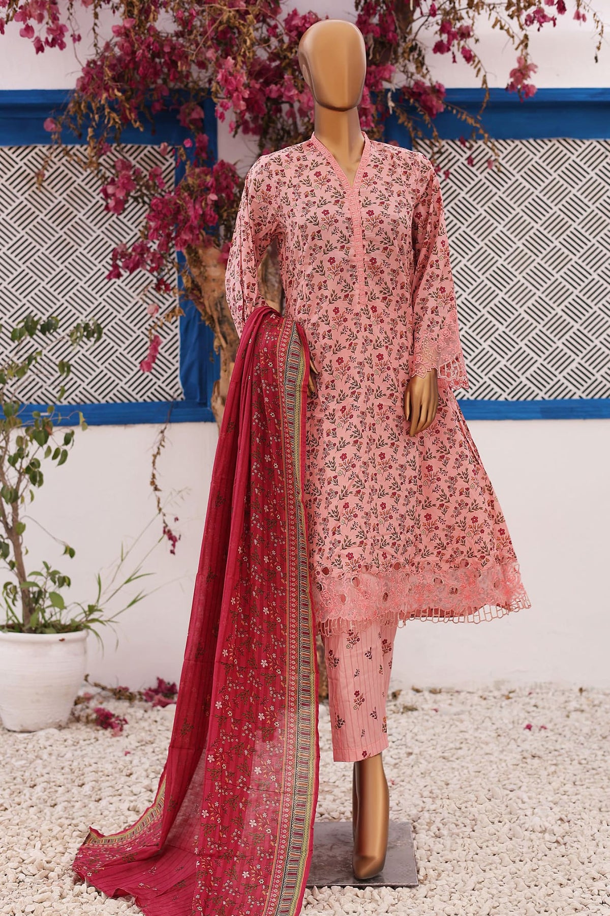 Bin Saeed Stitched 3 Piece Cutwork Lawn Frock Collection'2024-SM-690-Pink