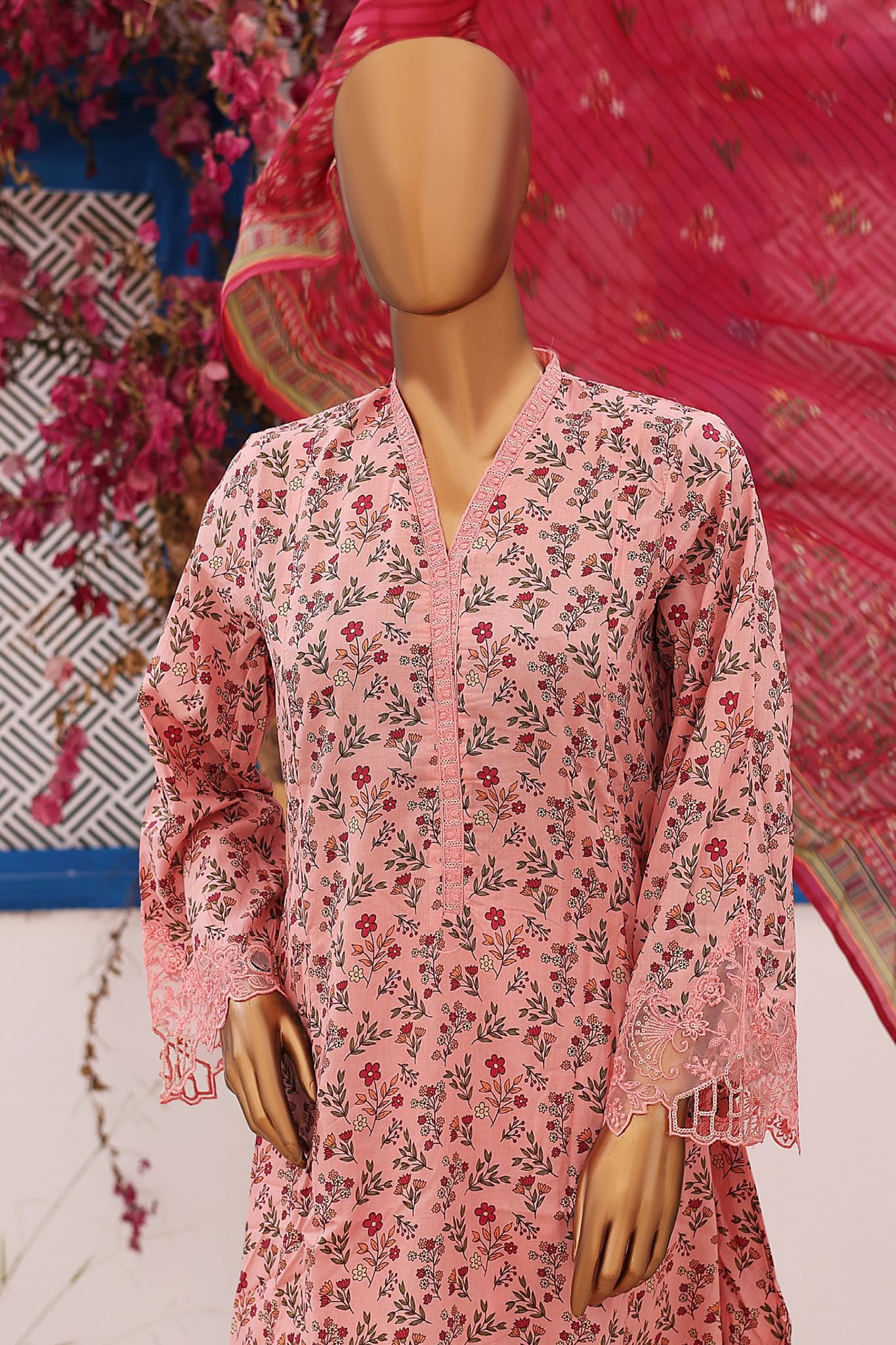 Bin Saeed Stitched 3 Piece Cutwork Lawn Frock Collection'2024-SM-690-Pink