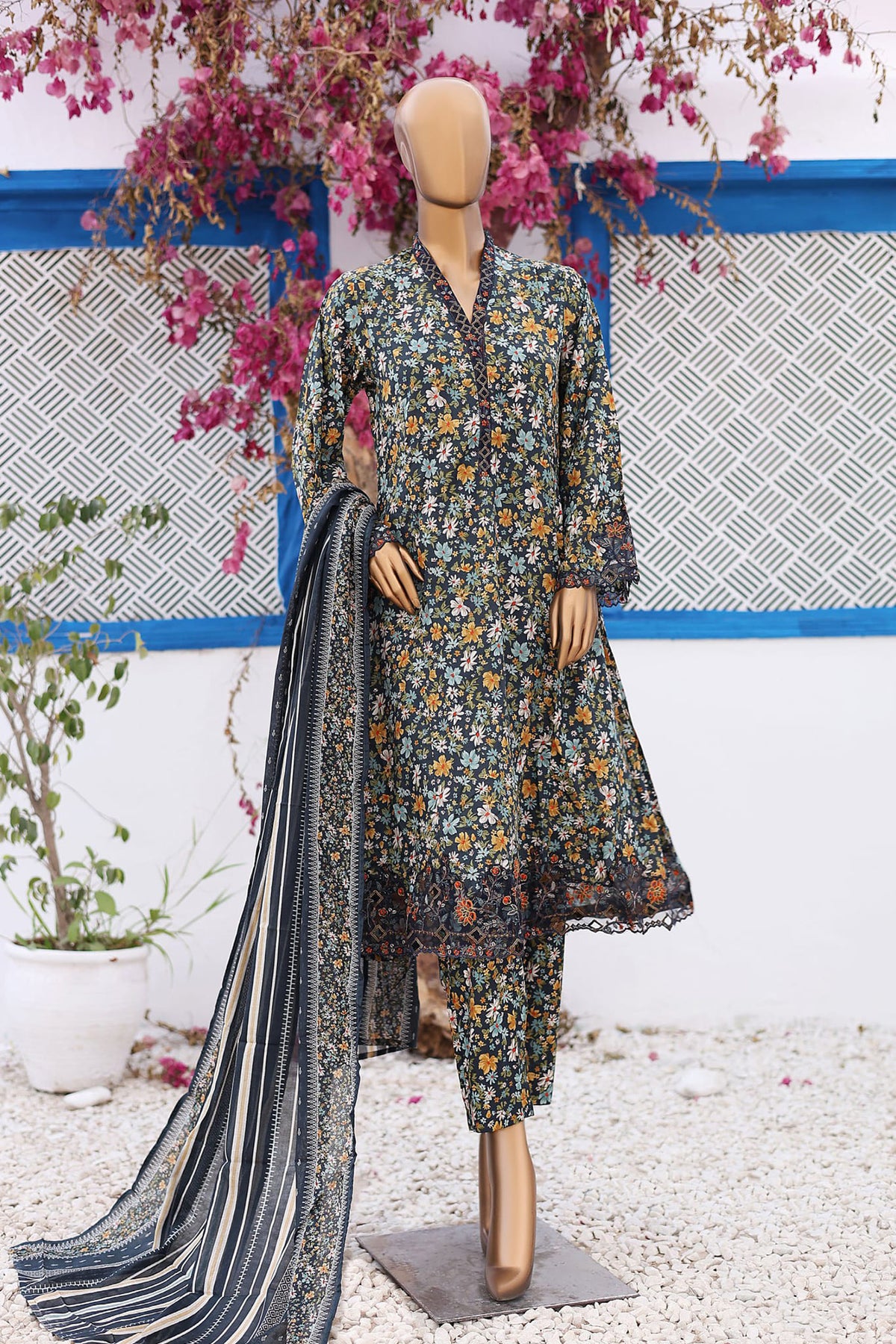 Bin Saeed Stitched 3 Piece Cutwork Lawn Frock Collection'2024-SM-691-Green