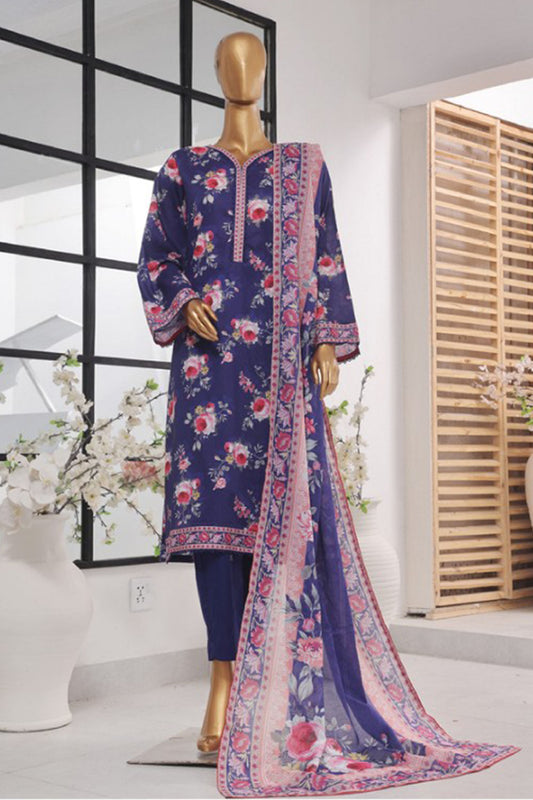 Bin Saeed Stitched 3 Piece Exclusive Printed Lawn Vol-01 Collection-SM-1400-Blue