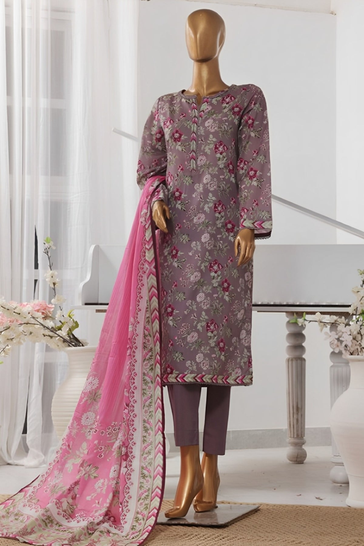 Bin Saeed Stitched 3 Piece Exclusive Printed Lawn Vol-02 Collection-SM-1401-Grey