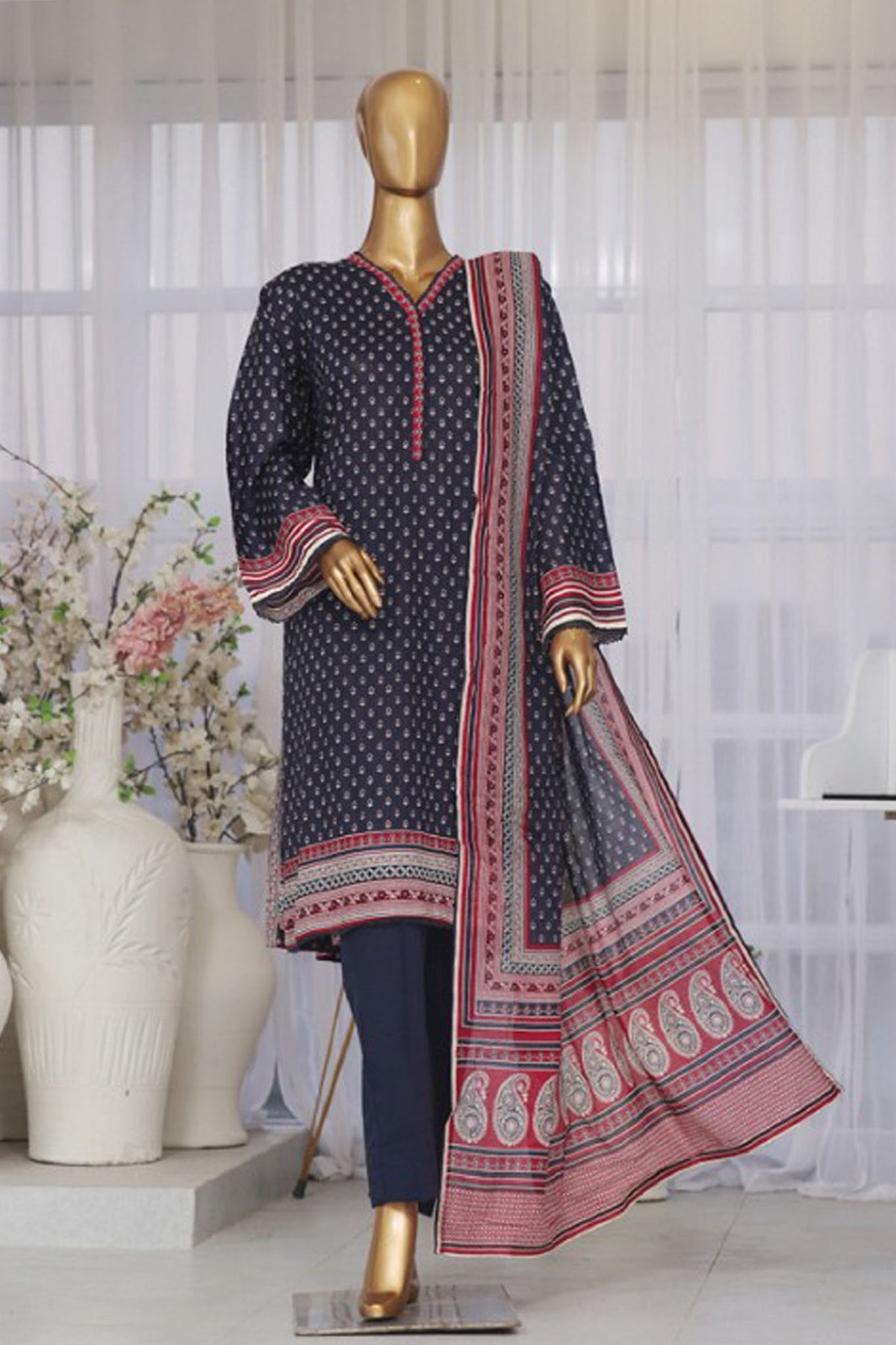 Bin Saeed Stitched 3 Piece Exclusive Printed Lawn Vol-02 Collection-SM-1415-Navy Blue