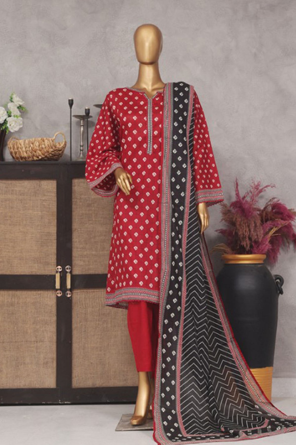 Bin Saeed Stitched 3 Piece Exclusive Printed Lawn Vol-01 Collection-SM-1419-Maroon