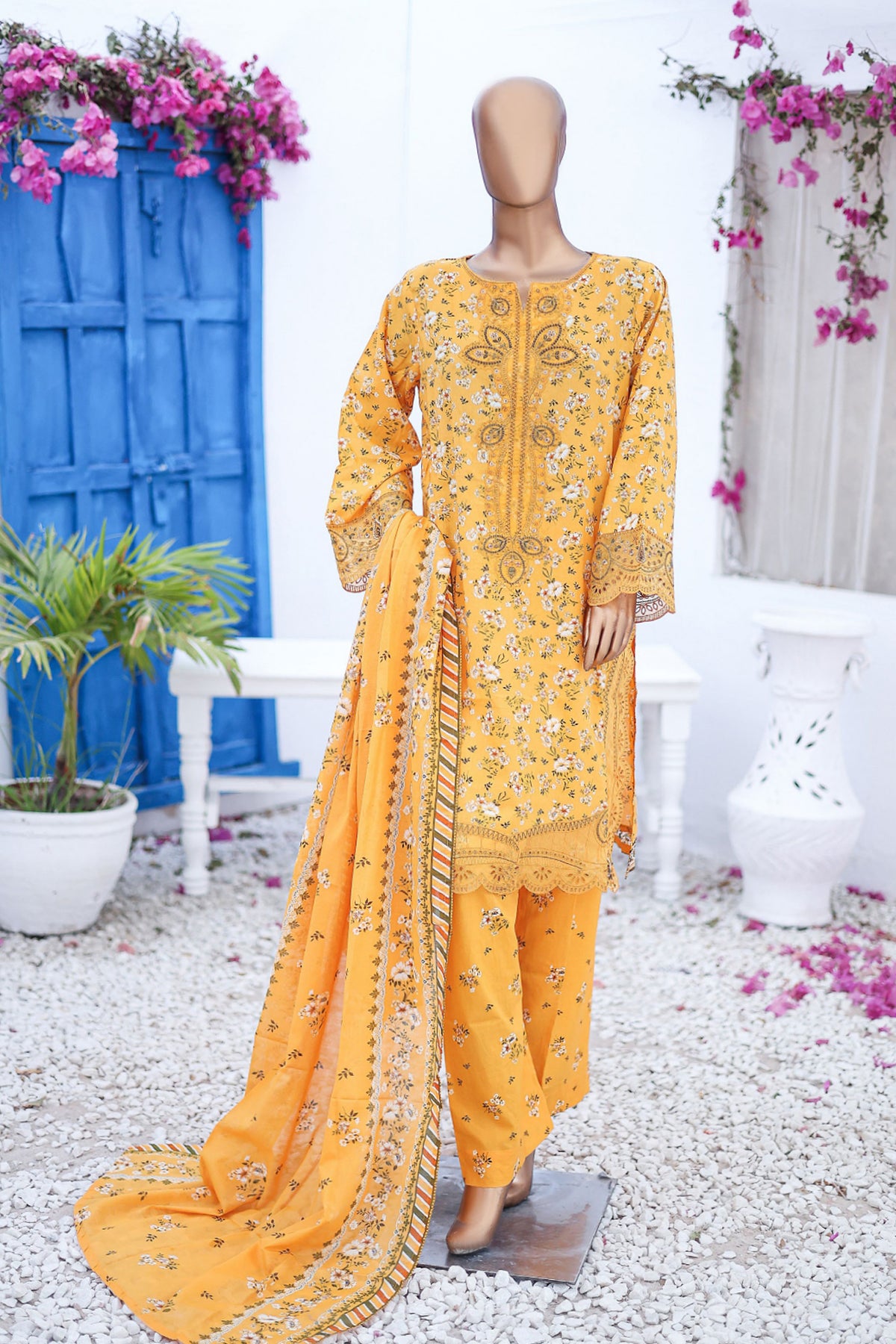 Bin Saeed Stitched 3 Piece Cutworkari Emb Lawn Vol-04 Collection'2024-SM-756-Yellow