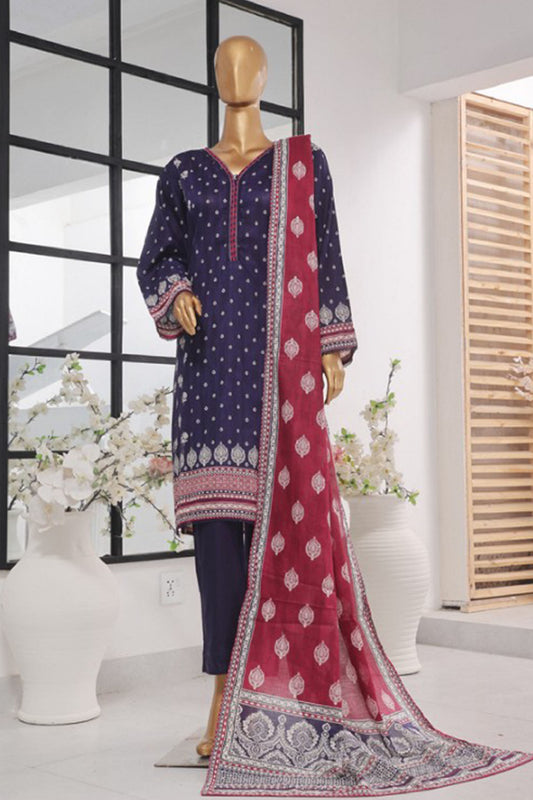 Bin Saeed Stitched 3 Piece Exclusive Printed Lawn Vol-01 Collection-SM-1424-Navy Blue